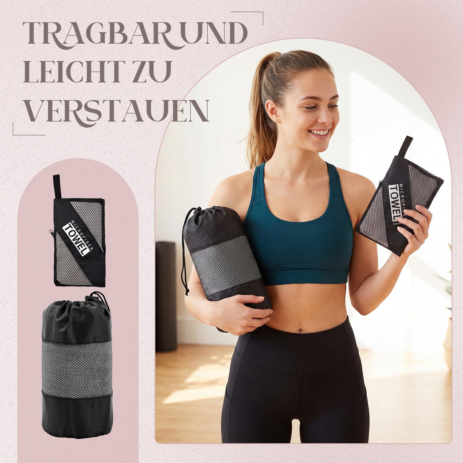 2 Pezzi Asciugamano da Yoga con Impugnatura Antiscivolo 183 x 63 cm Asciugamani in Microfibra Asciugatura Rapida 80 x 40 cm con Borsa in Rete Grigio per Hot Yoga Sport Pilates