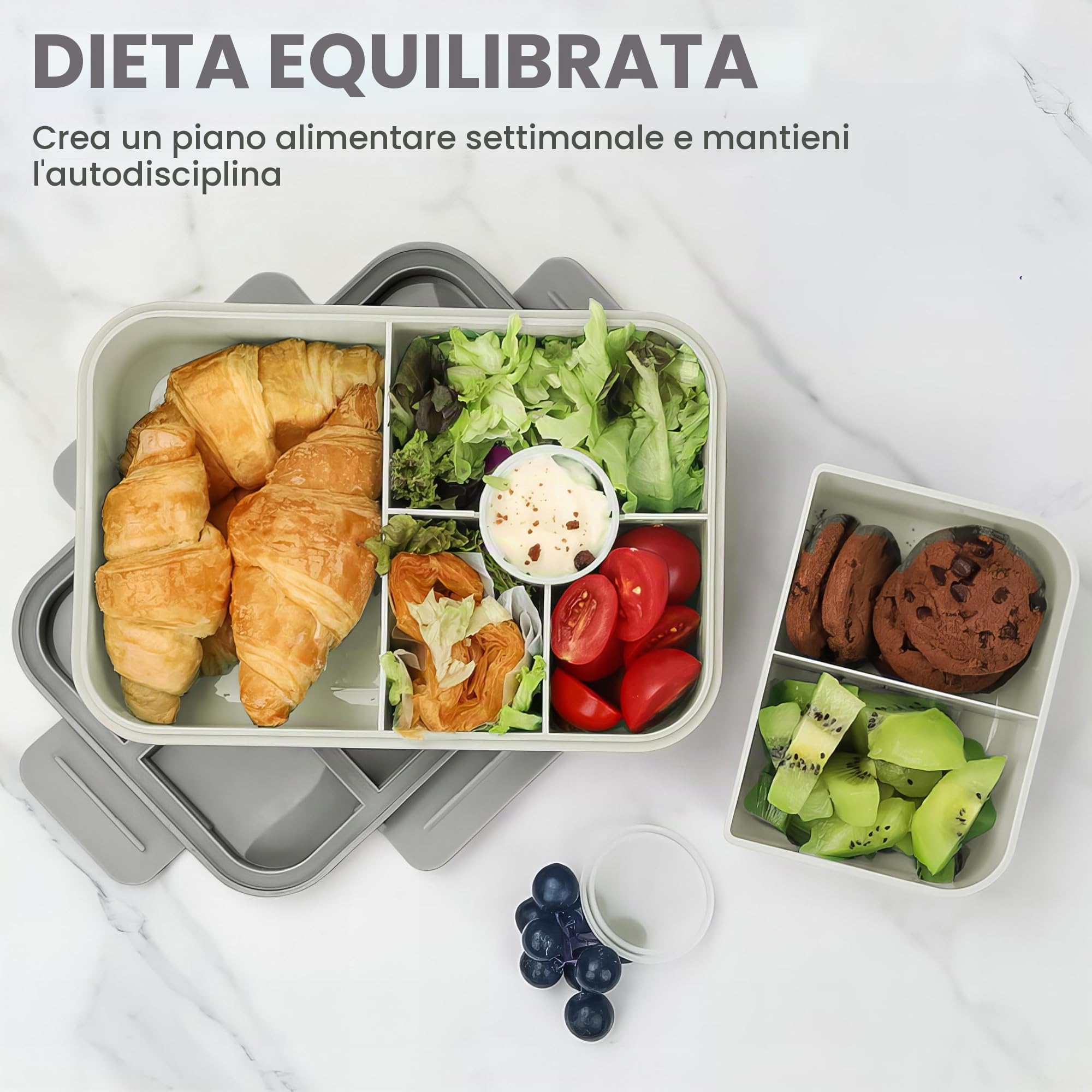 Bugucat Lunch Box 1300ML, Portapranzo Bento Box Contenitori 5+2 Scomparti, Pranzo Impilabile Schiscetta Pranzo da Ufficio, Porta Pranzo ermetico con Forchetta e Cucchiaio Microonde Sicuro,Grigio