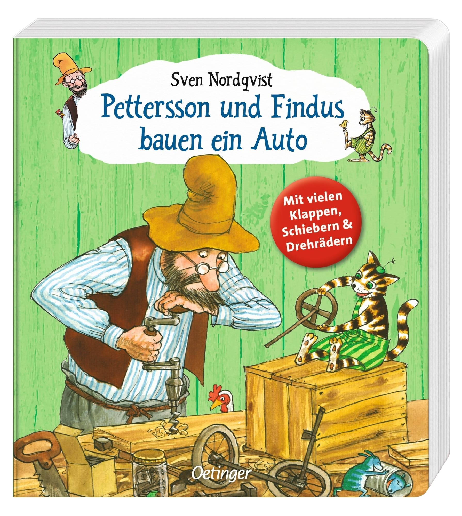 Pettersson und Findus bauen ein Auto: Pappbilderbuch ab 2 Jahren mit vielen Klappen, Schiebern & Drehrädern