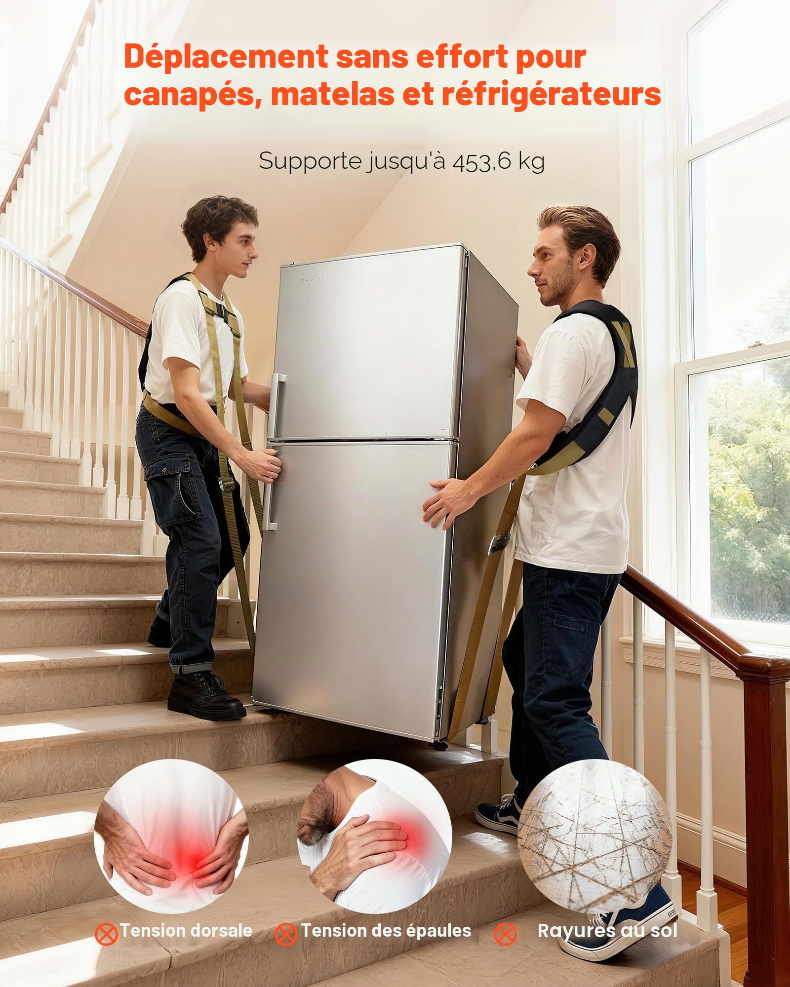 VEVOR Sangle de Déménagement Levage Manutention Meubles 453,6 kg pour 2 Personnes avec 2 Bandoulières 2 Sangles de Charge Réglables 204-380 cm, pour Déplacer Meubles Appareils Électroménagers Matelas