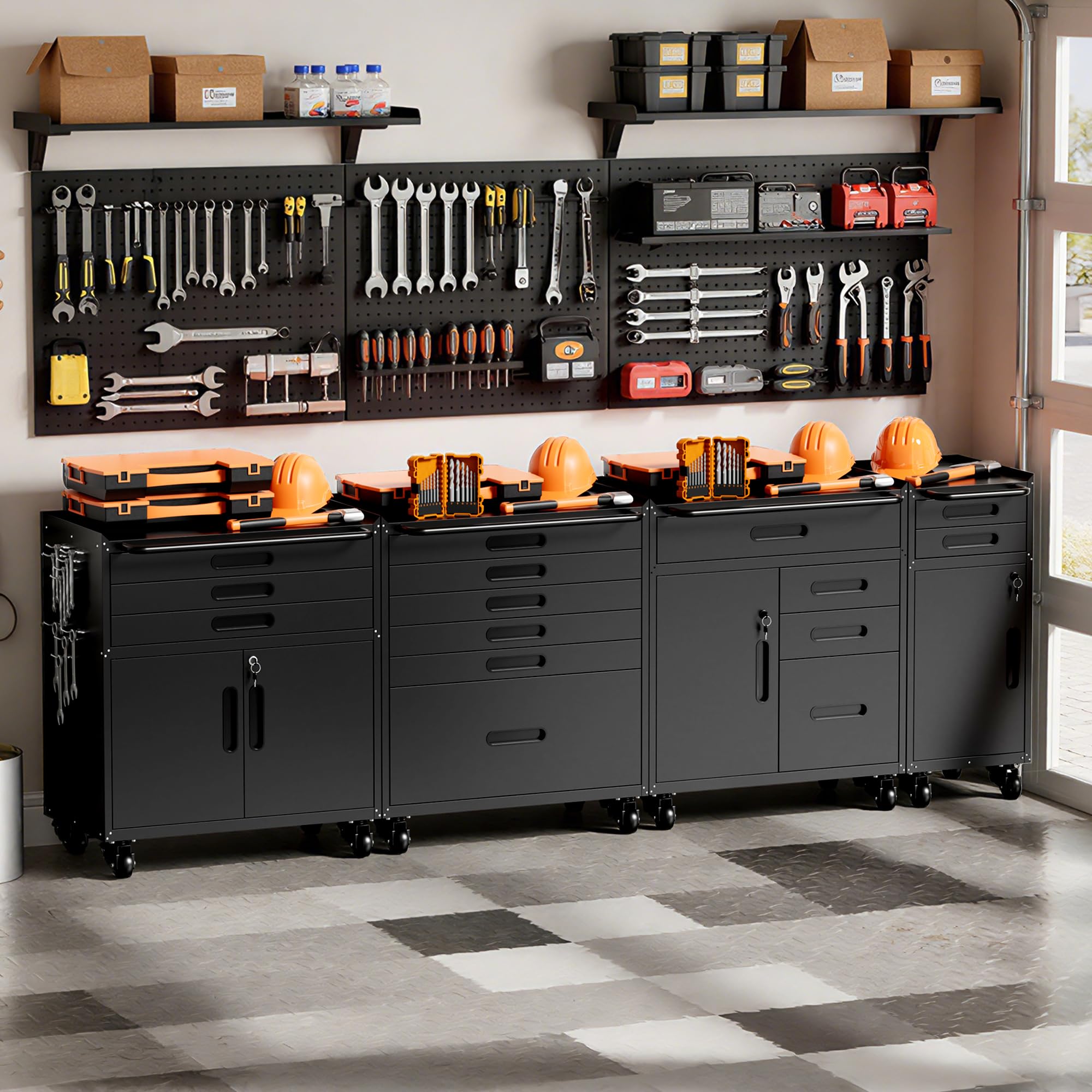 Garage Cabinet System | Heavy Duty Steel All-in-One Modular Garage Cabinet Set for Ultimate Workshop Organization | Easy Assembly Garage Storage Cabinets &amp; Tool Bench