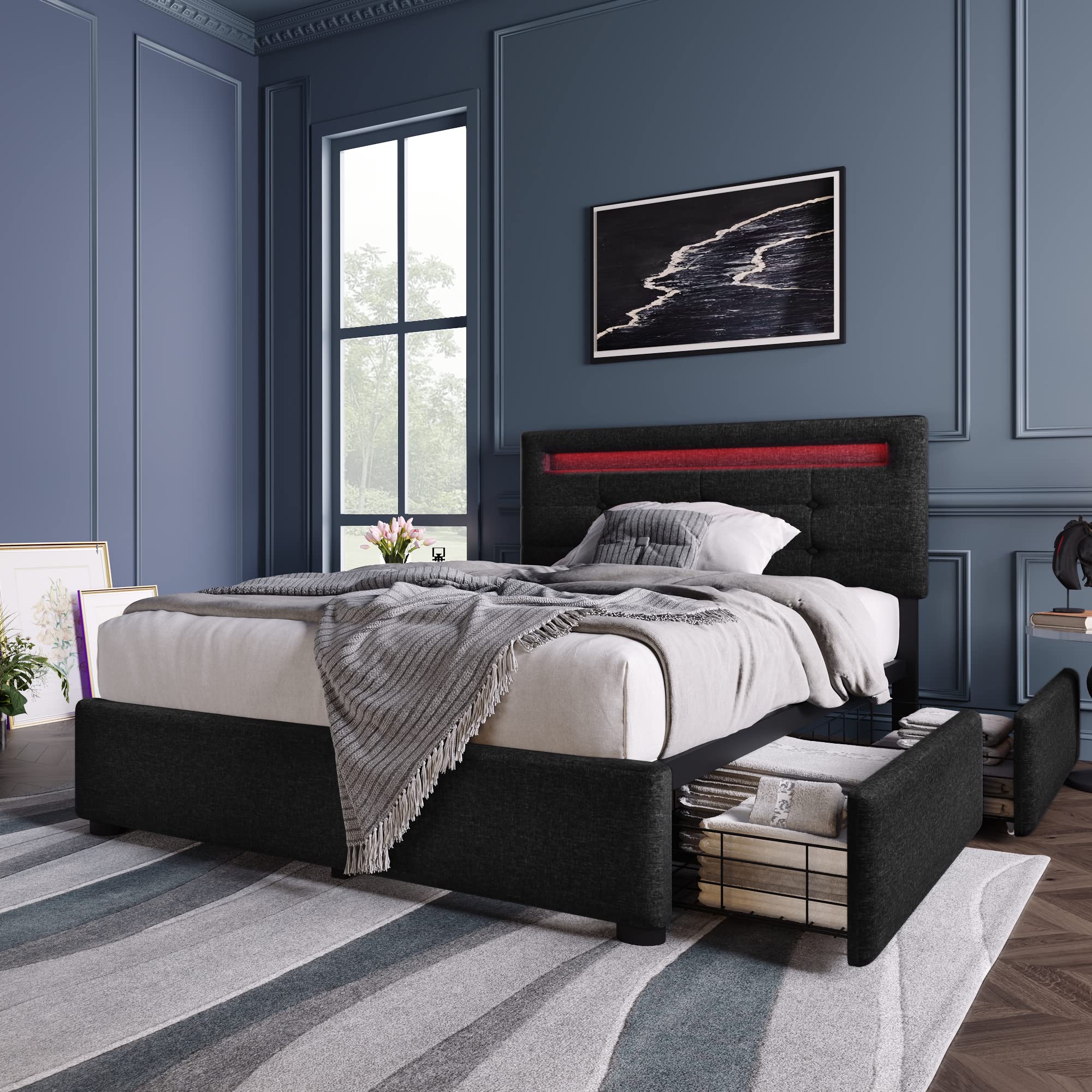 Letto Singolo 90x200 Cm Con LED, 2 Cassetti E Testiera Regolabile – Imbottito, Grigio, Rete A Doghe In Legno (senza Materasso)