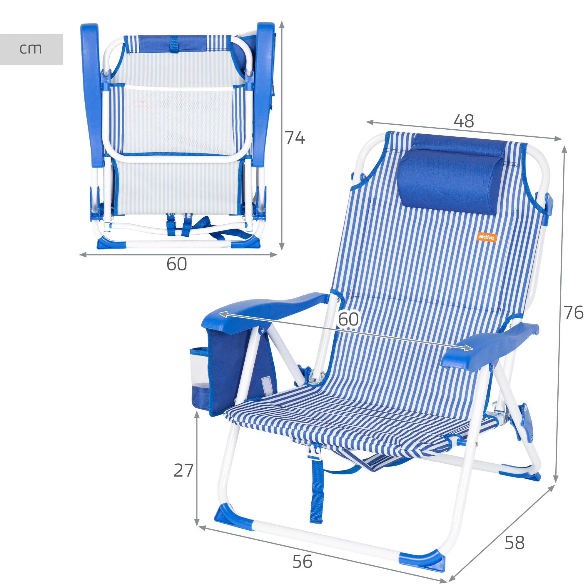 AKTIVE Silla de Playa Plegable, Azul Rayas, 48x58x76 cm, 4 Posiciones, Antivuelco, Aluminio y poliéster, Peso soportado 110 kg, Bolsillo Lateral y Trasero, Cojín, Transporte Mochila (62531)