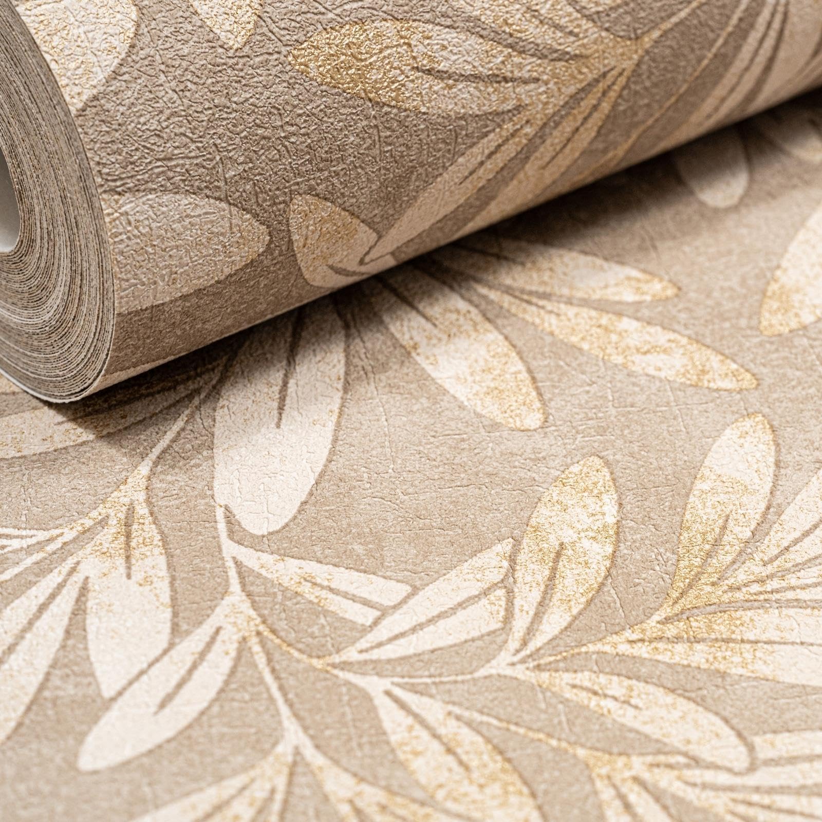 Taupe Willow Trail Wallpaper Gold Metallic Leaf Shimmer Textured Feature Wall