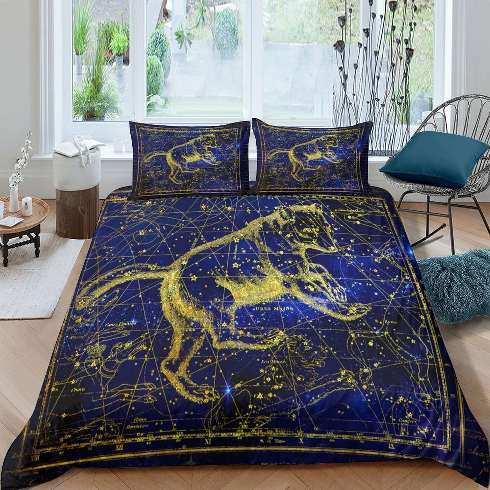Ctjqhvkz Style-5 3D Printed Constellation Tiger Fitted Sheet Microfiber Soft Blue Gold Zodiac Mattress Cover For Bedroom Home Decor Single（135X200cm）