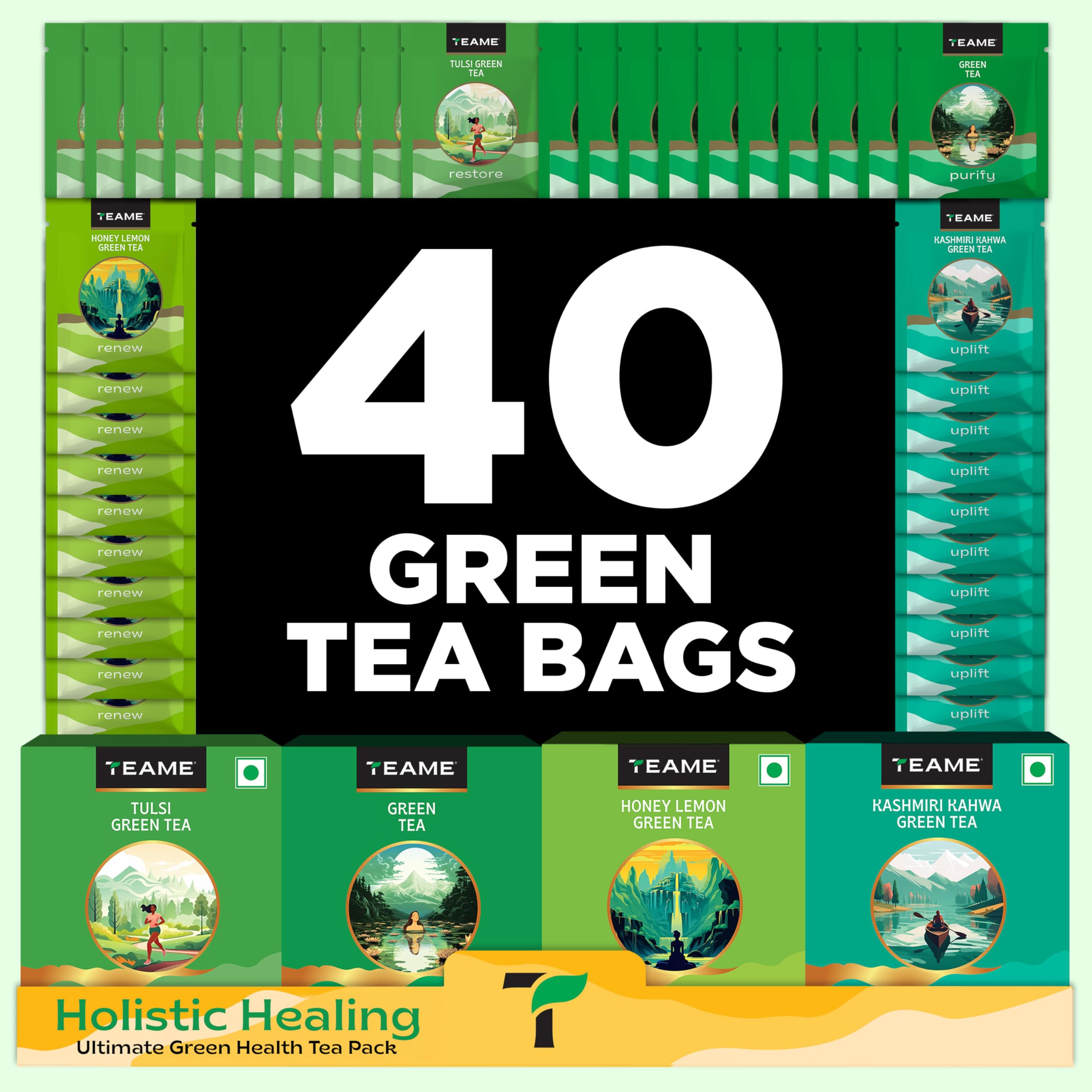 TE-A-ME Assorted Green Tea Bags 40 Pcs,60 Gram,Kashmiri Kahwa,Tulsi,Green,Honey Lemon | Tea Gift Set For Christmas & New Year Gifting
