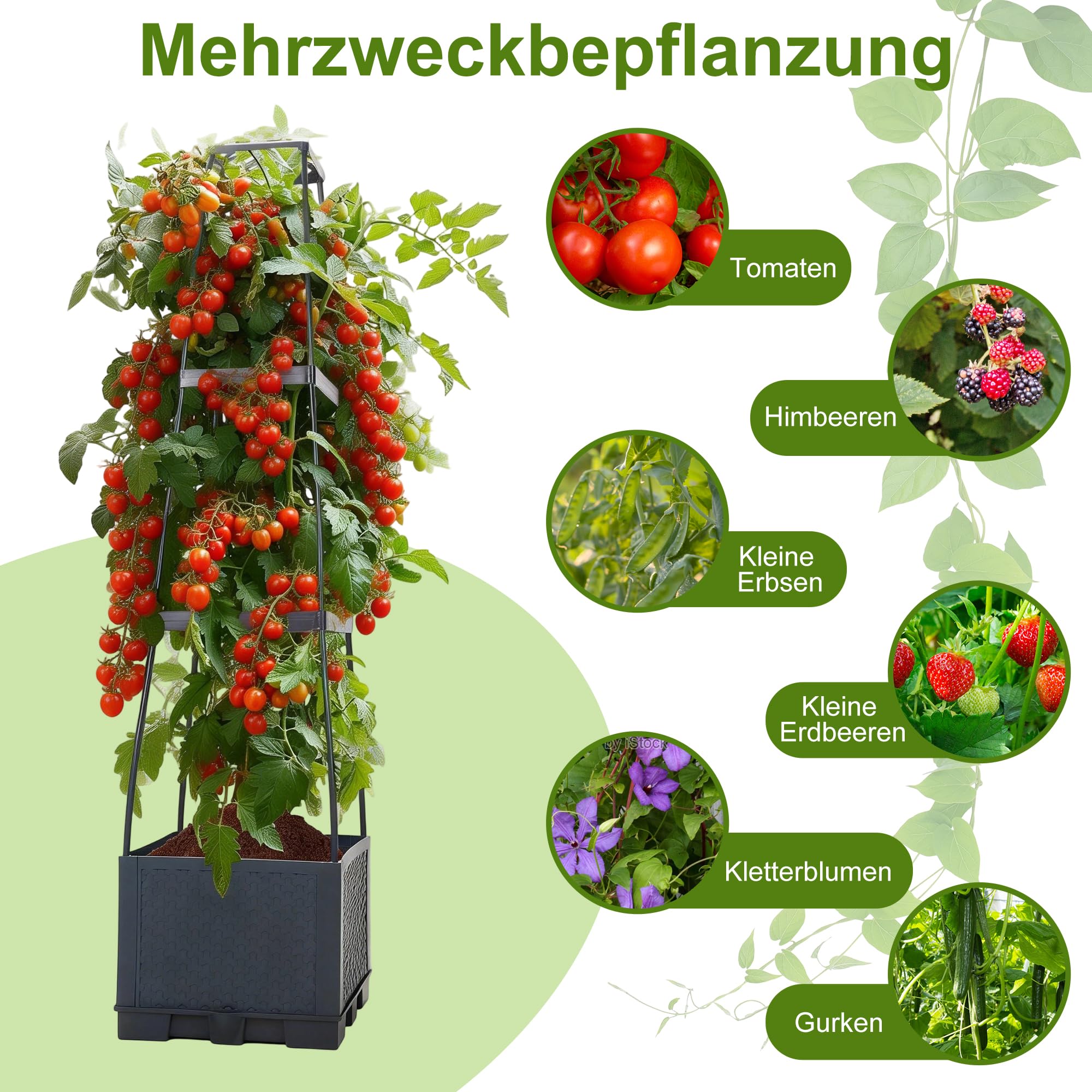 Tomatentopf mit Rankhilfe (28×28×114 cm,14 L), selbstbewässernder Pflanzenturm in Anthrazit. Tomaten & Klettergemüse – platzsparendes Hochbeet für Innenräume