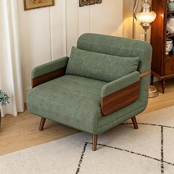 Convertible chair bed, Green Textured Fabric Single Sofa Bed, 3-in-1 Reclining Chaise Lounge, Sleeper Bed with Wooden Frame,Vintage Armchair Retro for Living Room, Study, Bedroom, Balcony