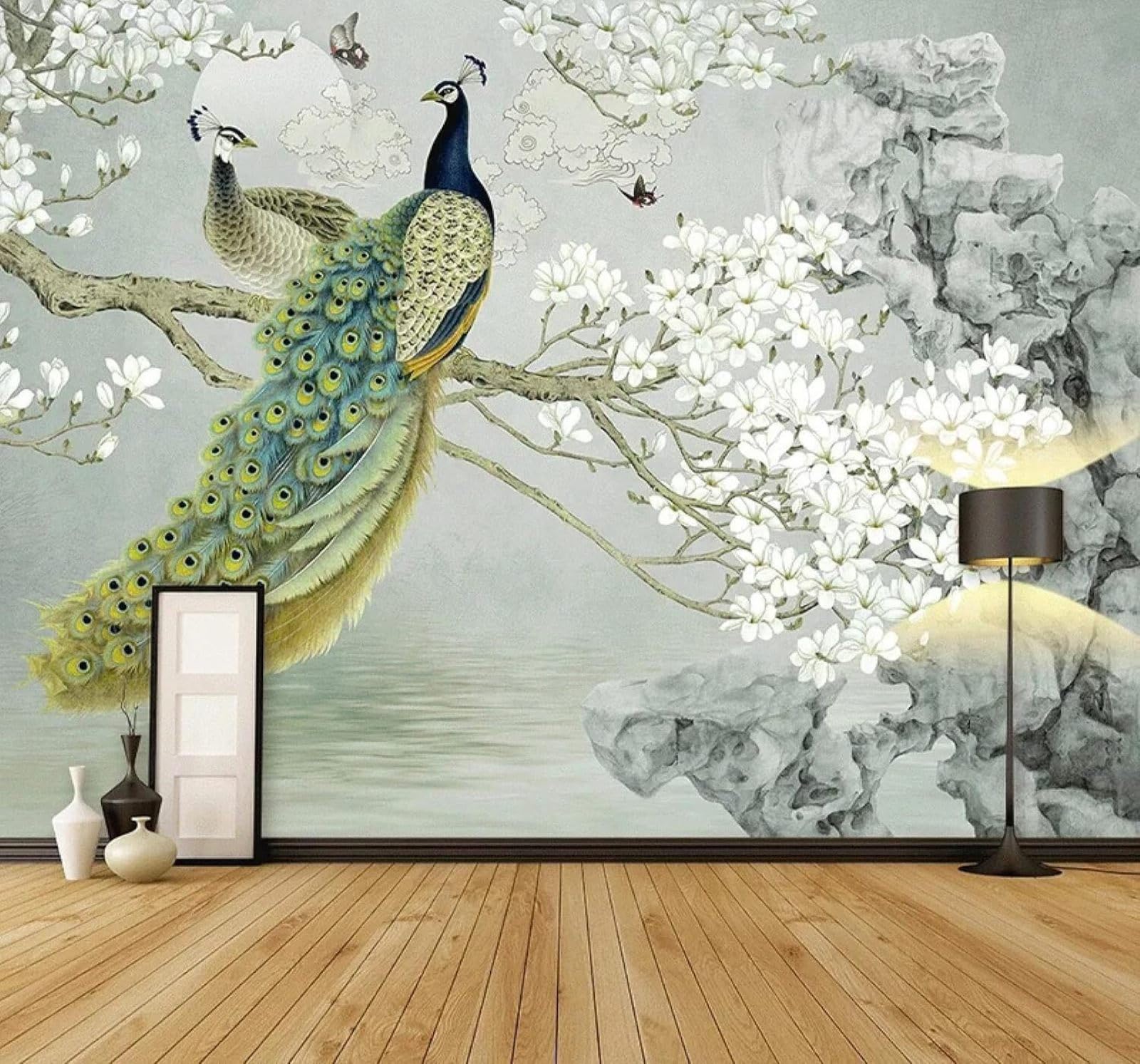 XLMING Exquisite Peacocks Magnolias Butterflies Scenery 3D Wallpaper Luxury Silk Study Dining Feature Sofa Grey Bedroom Living Room Tv Decorative Wall-400cm×280cm