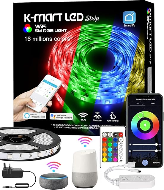 K-MART Premium Quality 5M LED Strip Light, WiFi LED Light Support Alexa and Google Assistant, Smart WiFi App Control, Music Sync Mode, for Bedroom, Living Room [Energy Class A+] (5M)