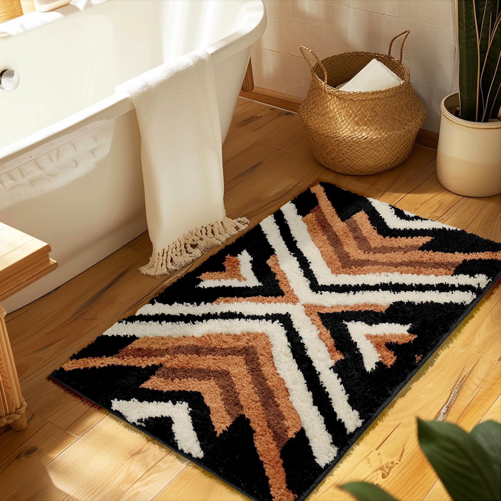 Tyrot Black Brown Boho Bathroom Rugs Non Slip Washable Western Aztec Bath Mats Rugs for Bathroom Floor Fluffy Plush Soft Absorbent Farmhouse Carpet