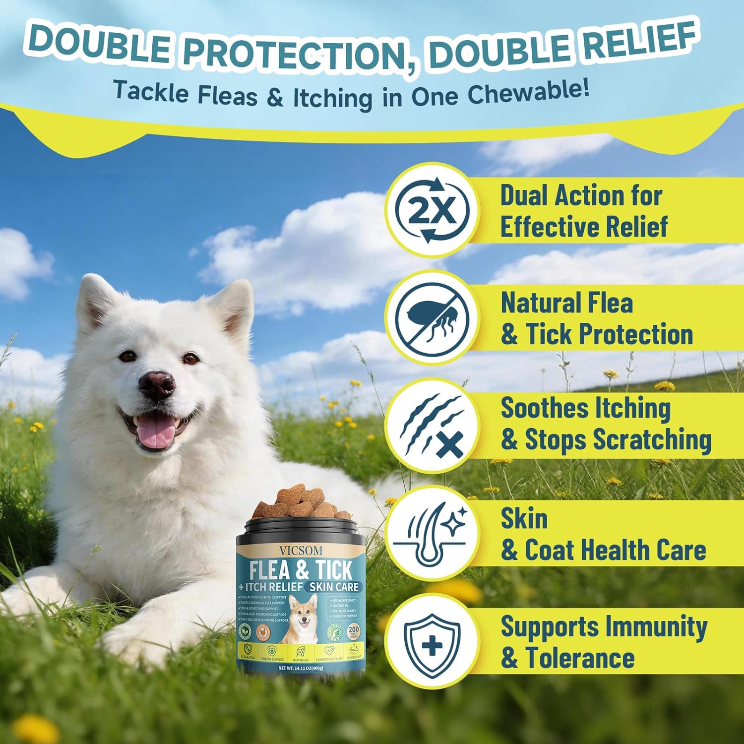 Flea and Tick Prevention for Dogs Itching Skin Relief, 200 Chewable Flea and Tick for Dog with Skin & Coat Support, Itch Relief for Dogs, Oral Supplement for All Breeds & Ages, Chicken Flavor