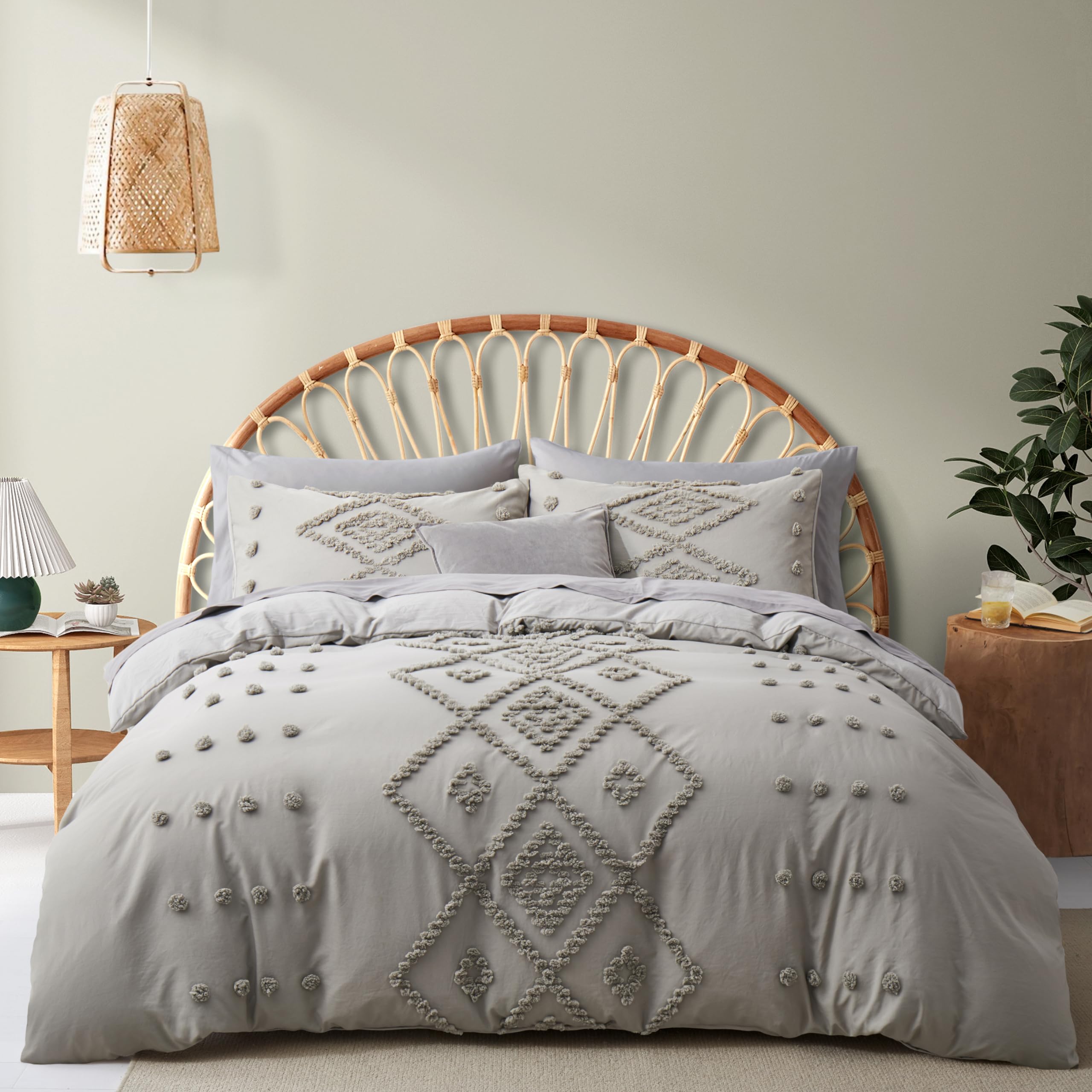Oli Anderson Tufted Duvet Cover Queen Size, Soft and Lightweight Duvet Covers Set for All Seasons, 3 Pieces Boho Embroidery Shabby Chic Bedding Set (Light Grey, Queen, 90''x90'')