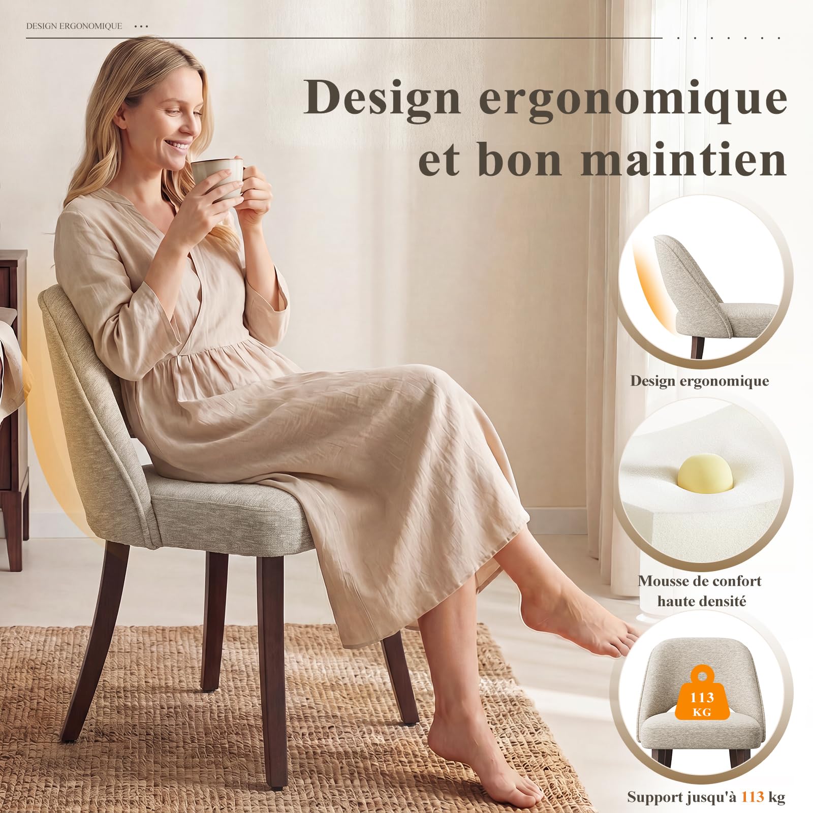 MALOL Lot de 6 chaises de Salle à Manger rembourrées en Tissu, Pieds en Bois Massif, Dossier incurvé et Assise épaisse en Mousse Haute densité, Design Moderne pour Cuisine et Salle à Manger, Kaki