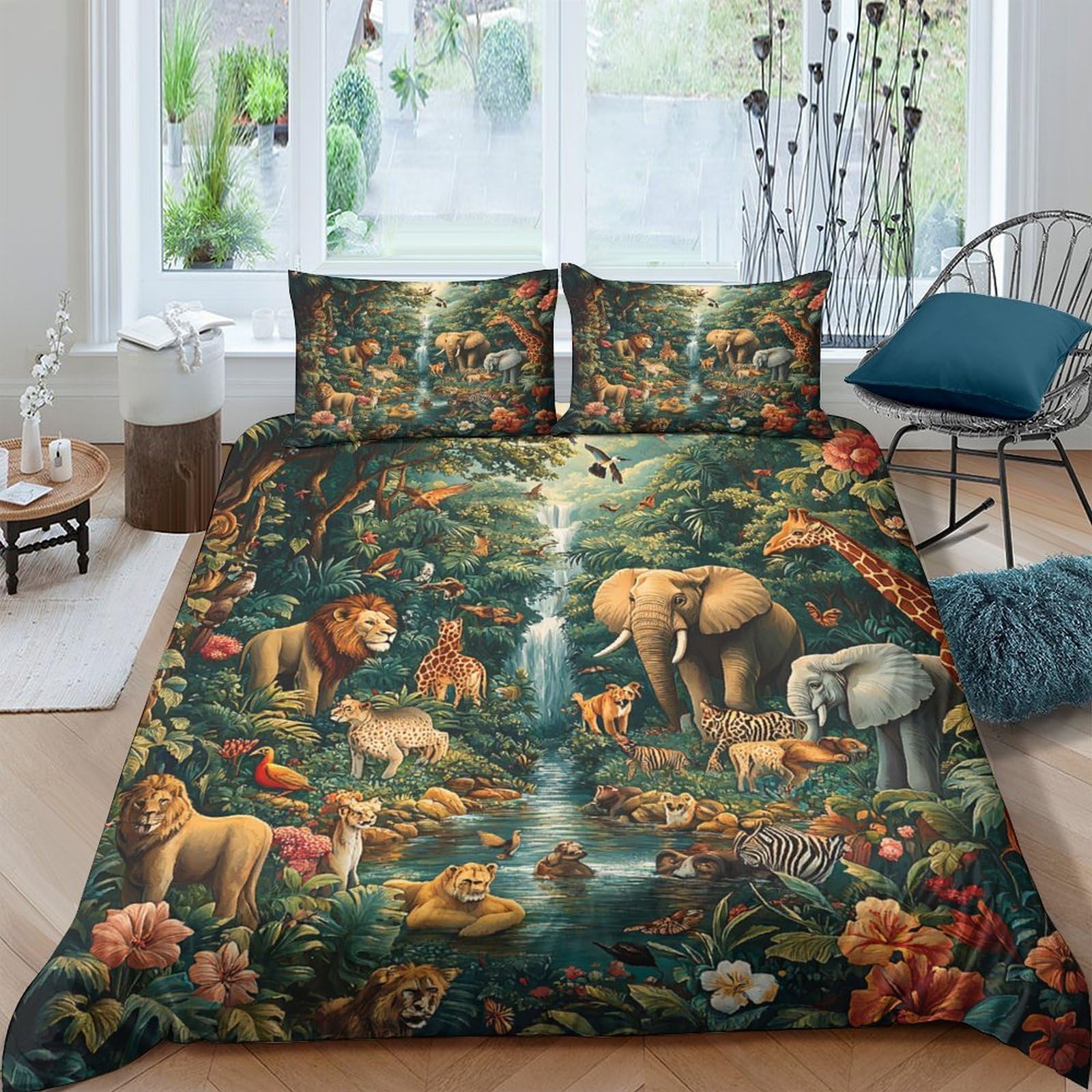 Ctjqhvkz Style-10 3D Printed Jungle Animal Fitted Sheet Microfiber Soft Breathable Waterfall Forest Mattress Cover Bedroom Decor Single（135X200cm）
