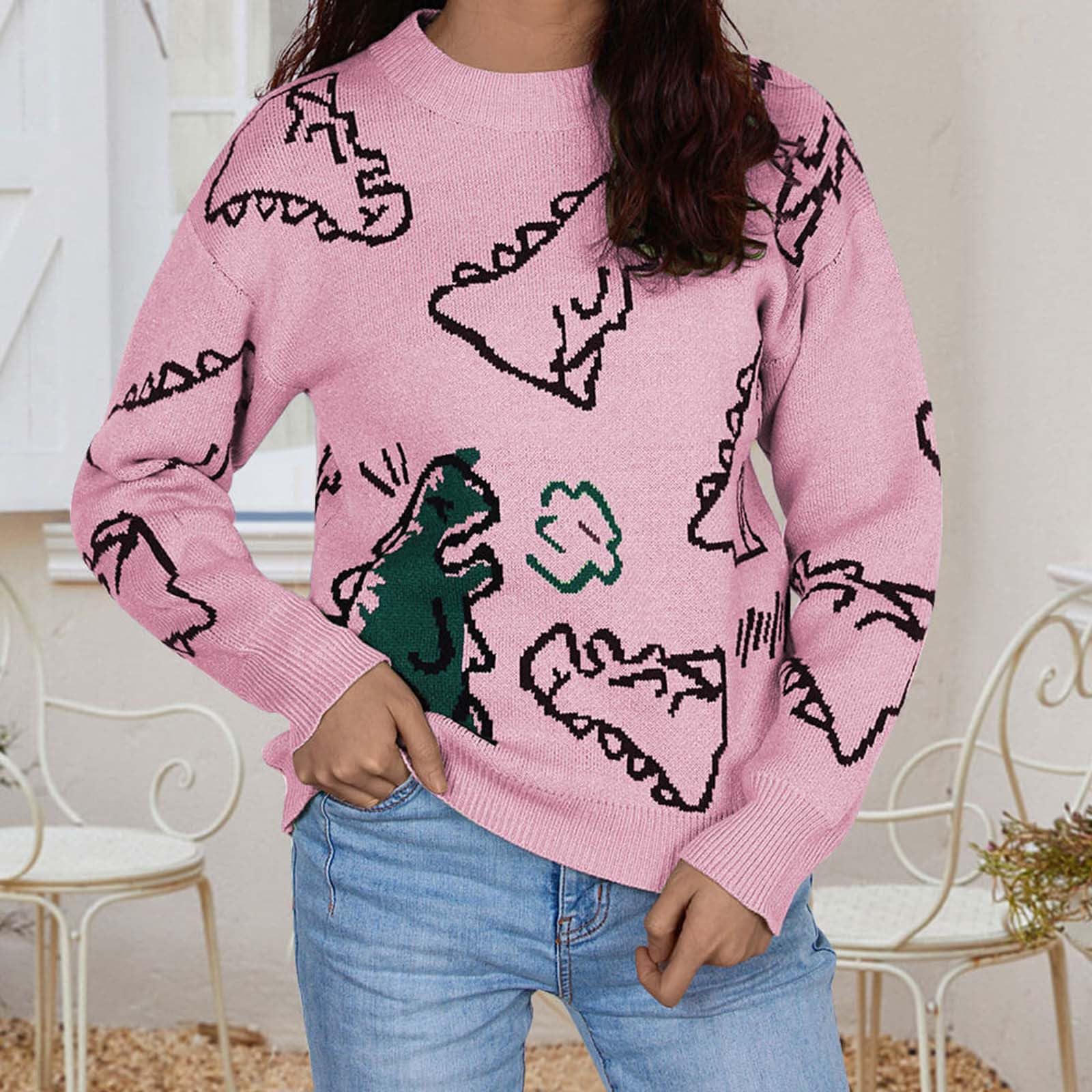 Damen-Strickpullover mit Dinosaurier-Aufdruck, übergroßer Pullover, Preppy-E-Girl-Streetwear Strickpullover Rollkragen Strickpullover Oversized Damen