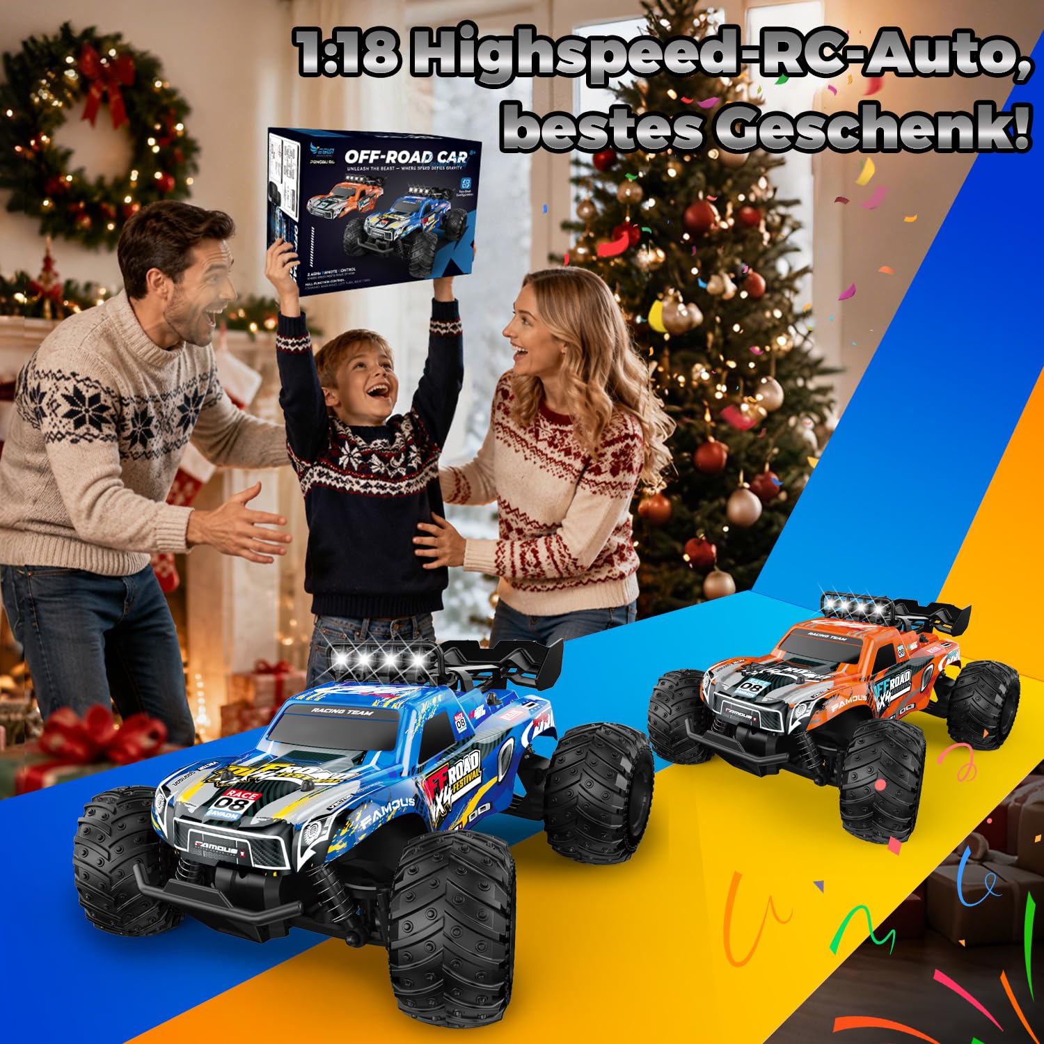 28km/h Ferngesteuertes Auto ab 5 6 jahre, 1:18 Monstertruck Ferngesteuert | RC Auto mit Licht, Ferngesteuertes Auto mit Zwei Karosserie, 2Akku 60 Minuten, 2,4GHz RC Buggy Rennauto ab 5 6 7 8 Jahre