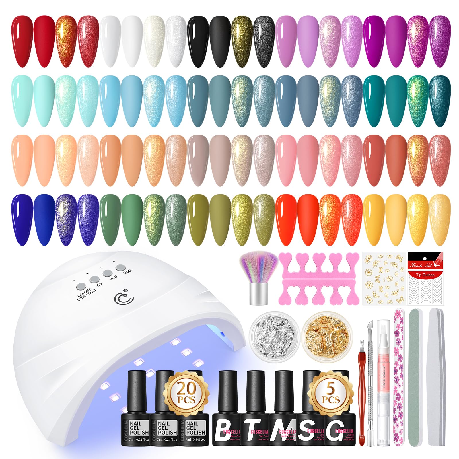 COSCELIA 38-częściowy zestaw lakierów hybrydowych z lampą UV, 20 kolorów, 7 ml lakieru hybrydowego, baza, top coat i narzędzia do manicure. Kompletny zestaw lakierów hybrydowych dla początkujących
