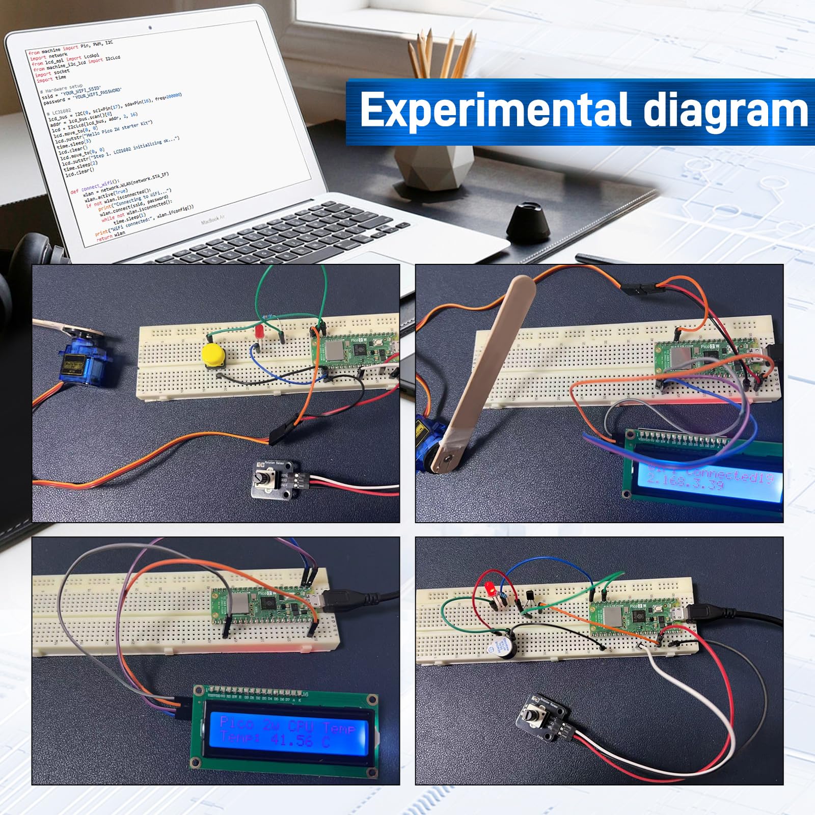 GeeekPi Kit de démarrage pour Raspberry Pi Pico 2W (inclus), Dual Arm Cortex-M33 et microcontrôleur Dual Hazard3 RISC-V, avec tutoriel détaillé, 159 éléments, 9 projets, Python C Code