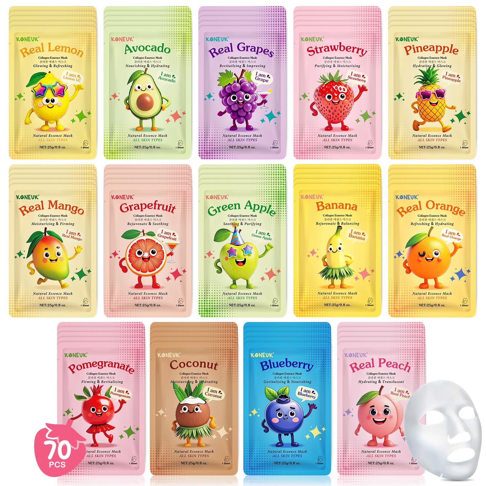 KONEUK Set mit 70 feuchtigkeitsspendenden Kollagen-Gesichtsmasken für die Hautpflege von Frauen, Gesichtsmasken mit Fruchtdesign für die Hautpflege von Kindern und Jugendlichen, Set