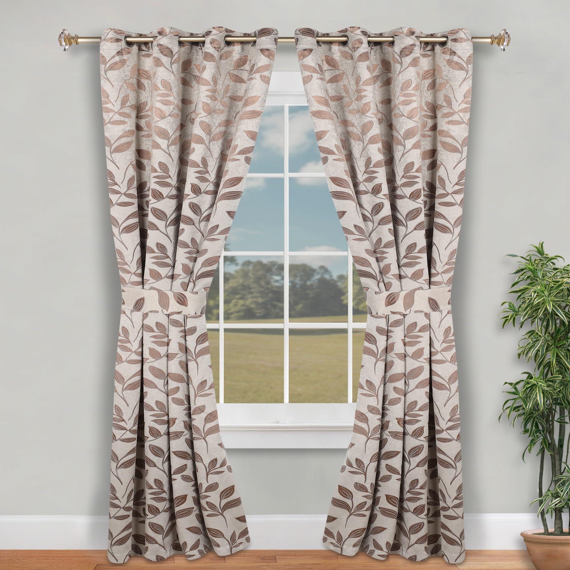 Superior Semi Blackout Curtains - Modern Leaves - 46" x 96" - Grommet Header - Thermal Insulated, Sun Blocking & Room Darkening Drapes for Bedroom, Living Room - Set of 2 Panels - White Copper