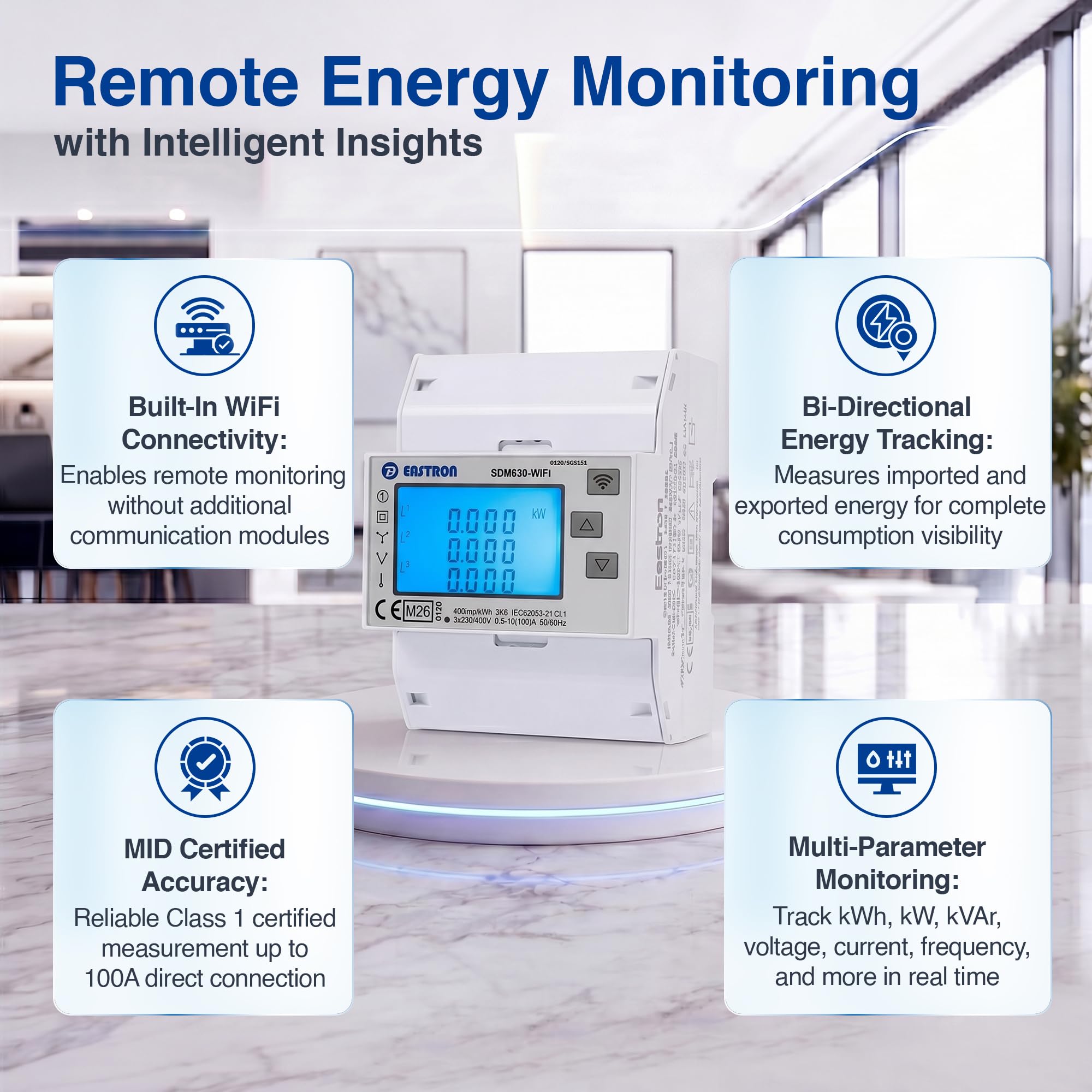 Eastron SDM630-WIFI-MID licznik energii – licznik prądu zmiennego trójfazowego 100A bezprzewodowy z Wi-Fi – odczyt zdalny przez aplikację Tuya i Smart Life, bez opłaty abonamentowej – certyfikowany