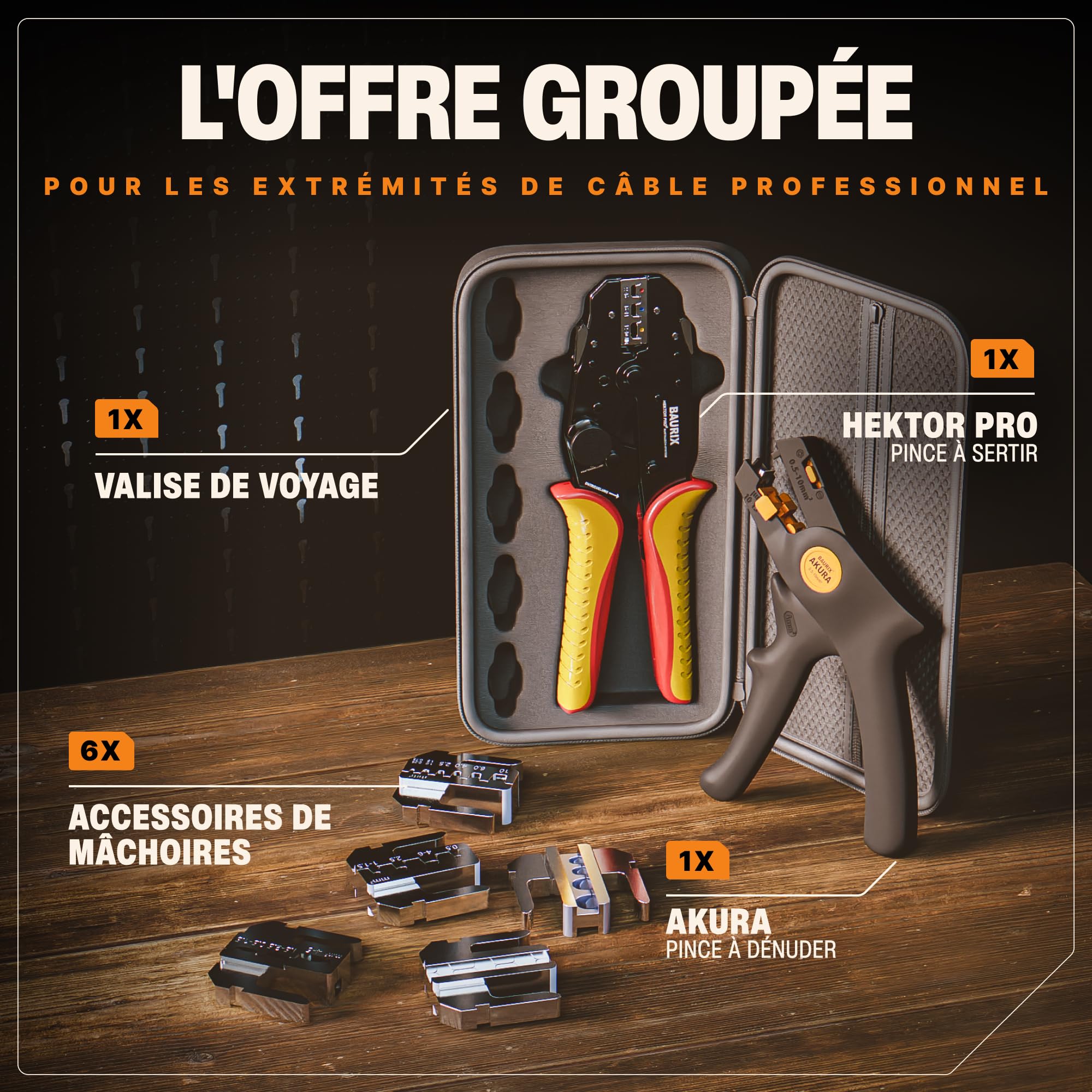 BAURIX® Pince à Sertir Mâchoires Interchangeables – + Pince à Dénuder | Modèle HEKTOR PRO & AKURA. 6 jeux de mors + pince à dénuder. Cosses, fastons, embouts et connecteurs isolés.