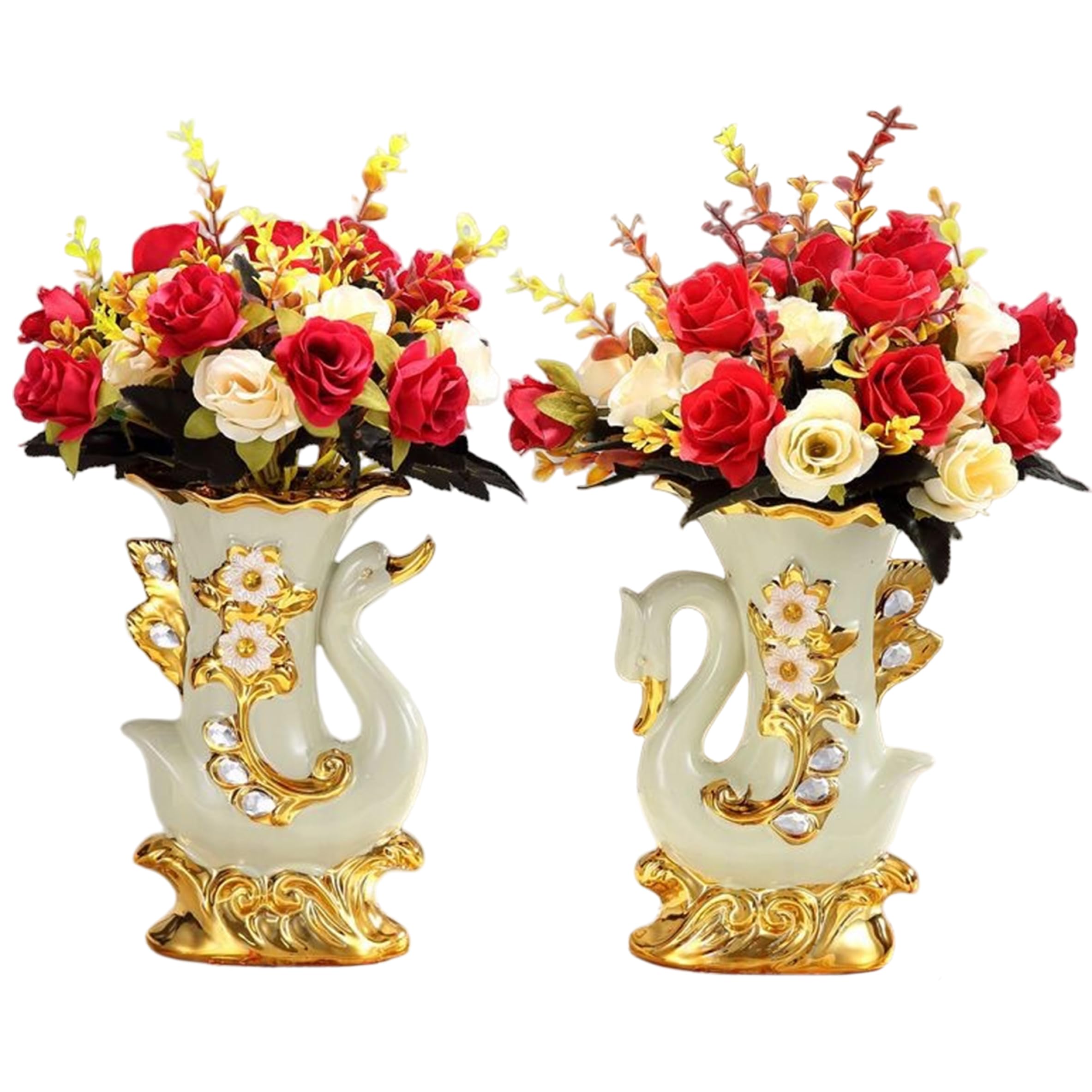 Xoeryoy 2 Pack Swan Vase, Elegant Roses Faux Flowers in Vase Rhinestone Gold Swan Decor for Home & Event Centerpieces