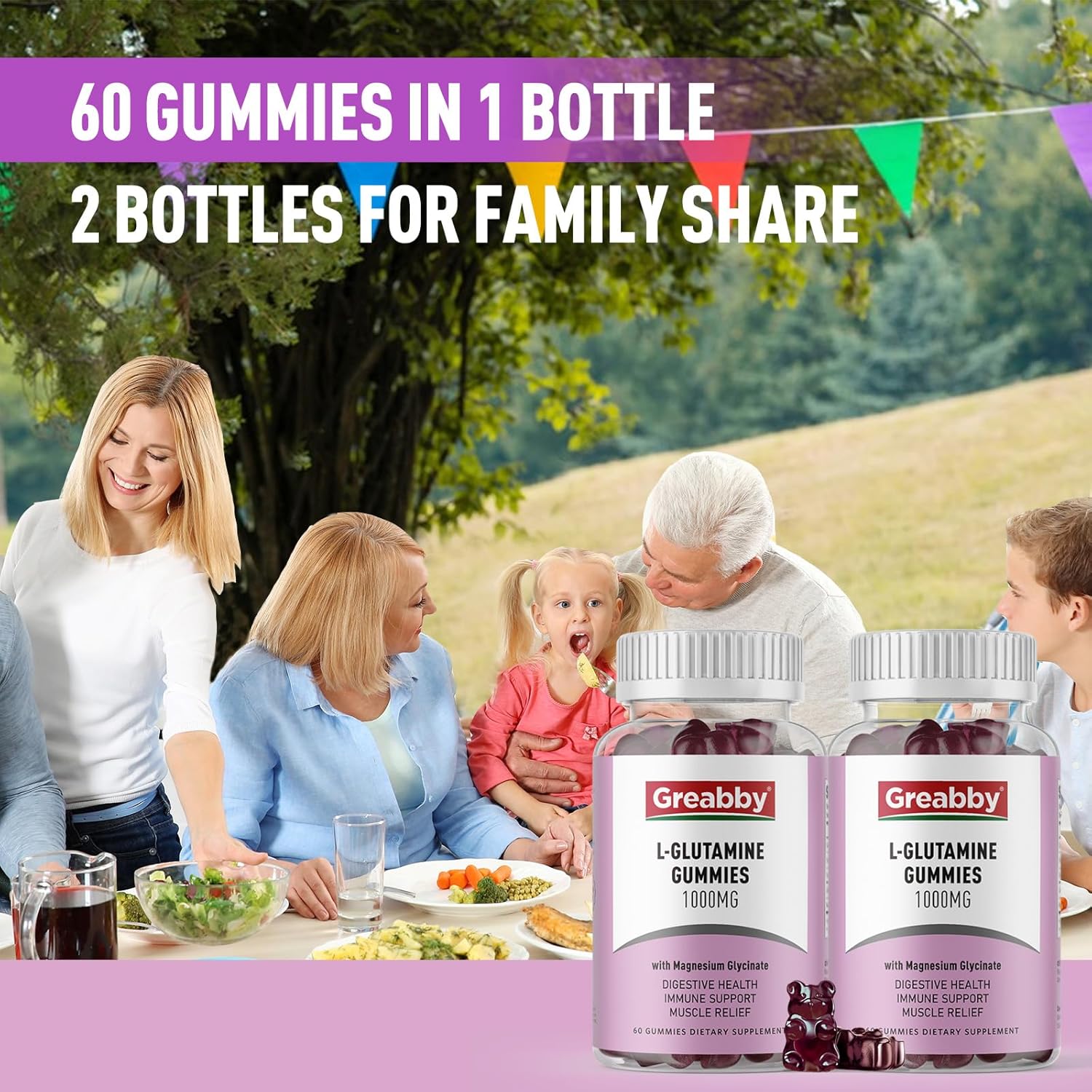 L Glutamine 1000mg Gummies - Muscle Relief & Immune Support, Amino Acid Supplement with Magnesium Glycinate, Vegan & Non-GMO, Gluten Free (120 Count)