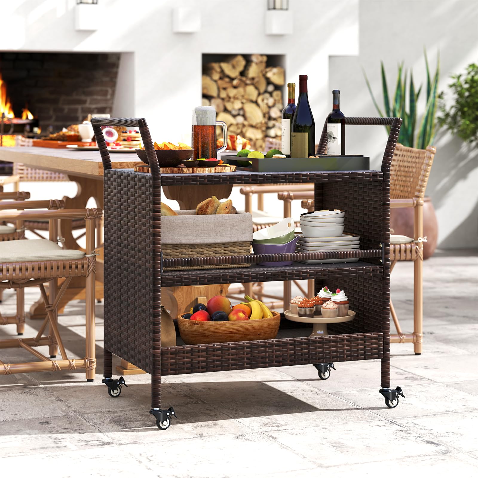 COSTWAY Carrello da Bar da Esterno, Mensola di Stoccaggio in Vimini con 3 Livelli Ruote e Maniglie Laterali, Tavolino da Servizio per Giardino Bordo Piscina Veranda, 86 x 50 x 89 cm