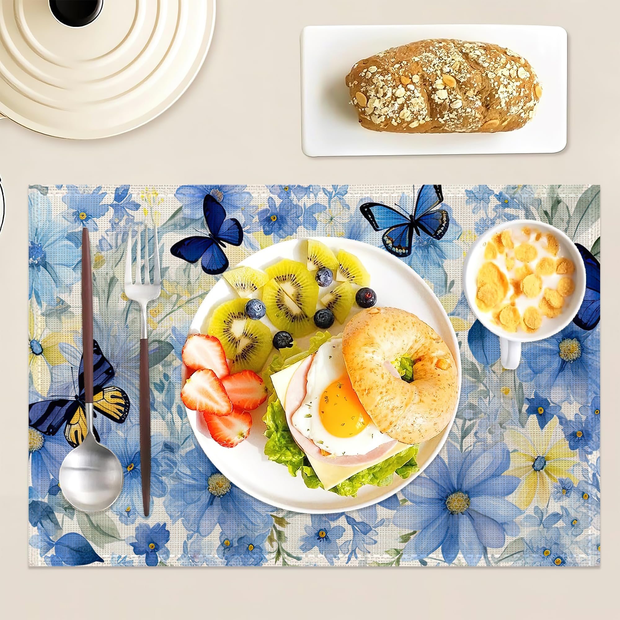Blue Butterflies Placemats Set of 6,12x18 Inch Table Mats for Flowers Kitchen Table Washable Farmhouse Linen Table Mats Dining Decoration