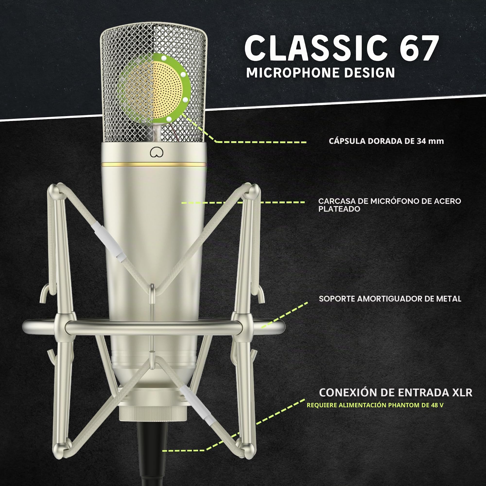 MA-67 Micrófono condensador de estudio dorado de 34 mm, incluye filtro Hydro Pop, soporte de metal, cable XLR y bolsa de micrófono - para producción musical