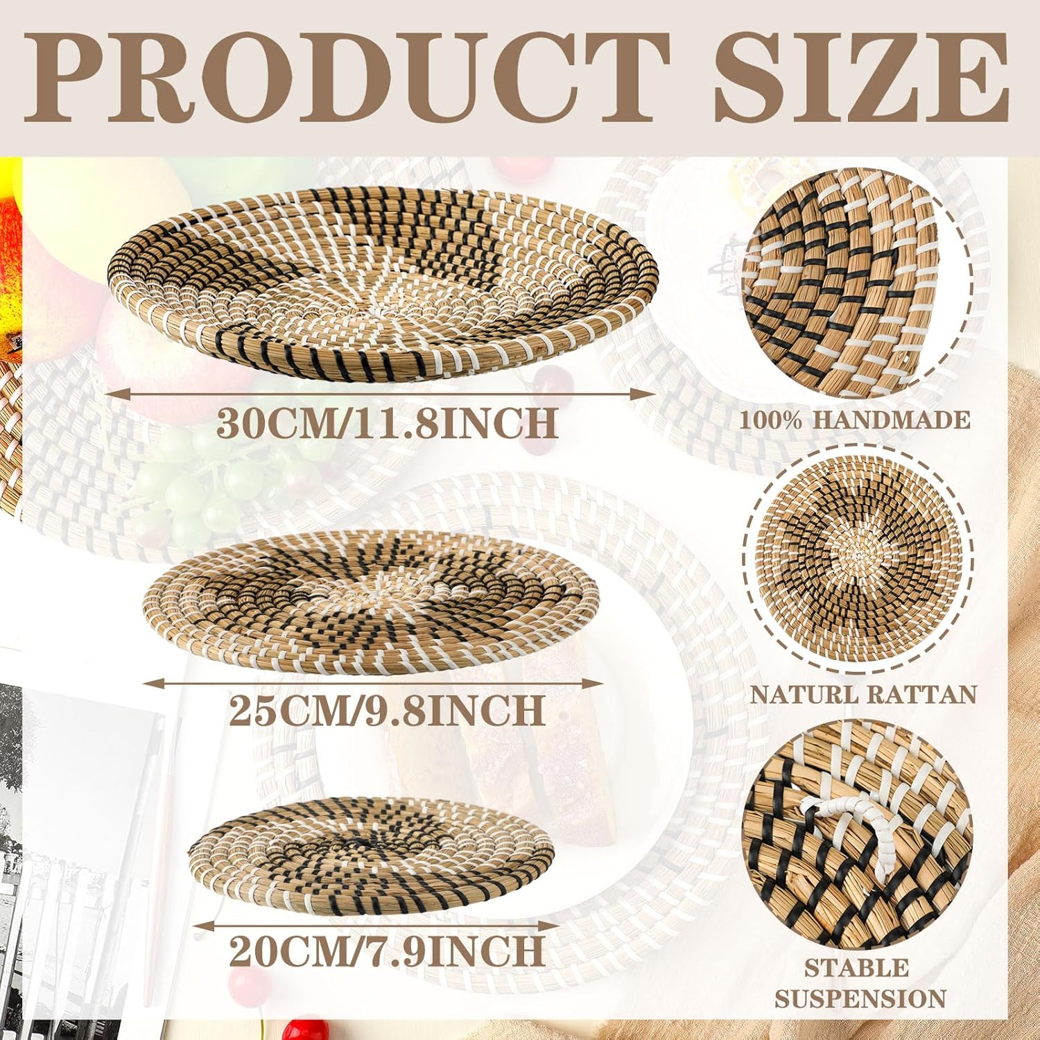 Glenmal 3 Pcs Boho Wall Basket Decor Decorative Bulrush Woven Basket Wall Decor Art Farmhouse Handmade Hanging Baskets with African Design for Living Room Display Table Settings Kitchen Home(Classic)