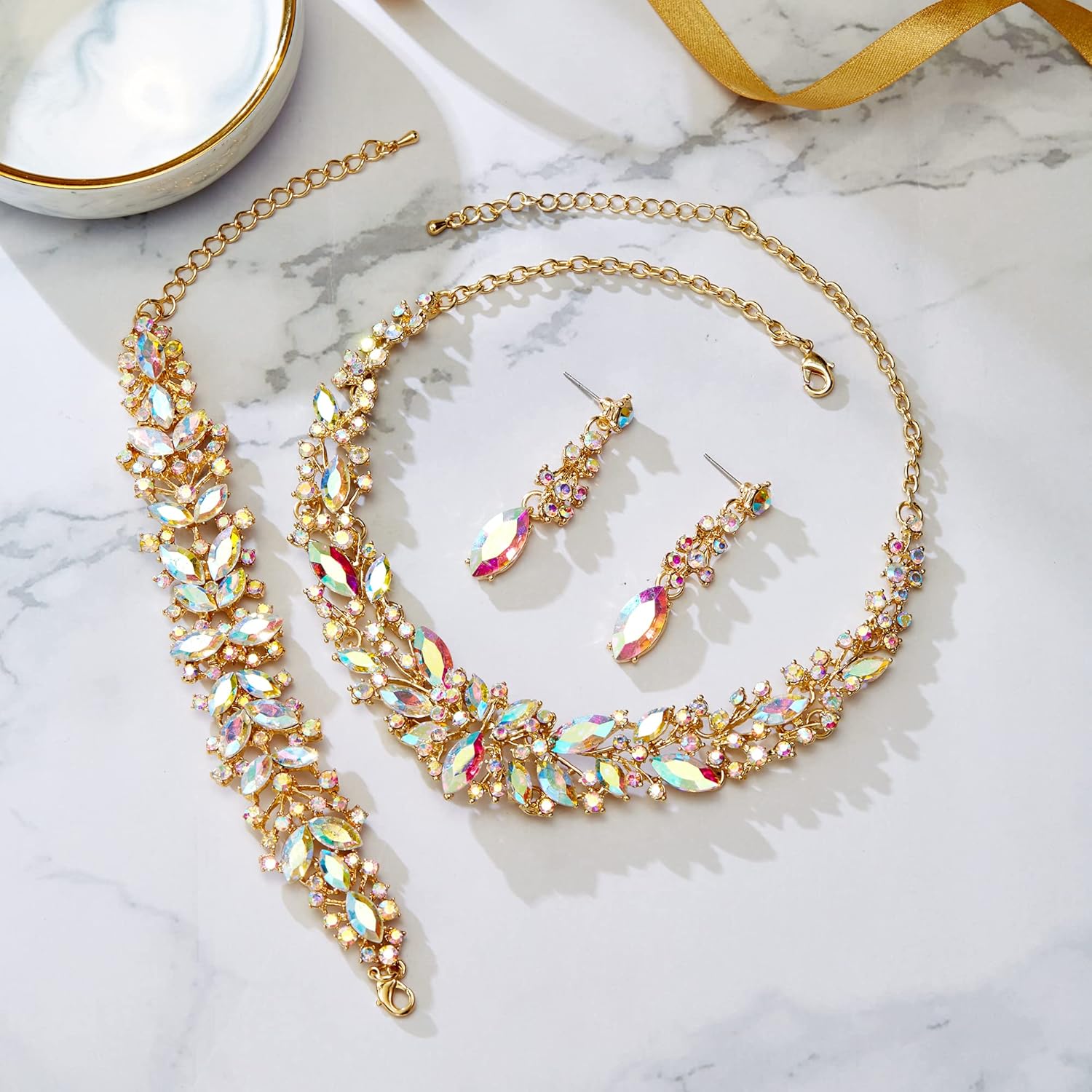 BriLove Women's Wedding Bridal Austrian Crystal Marquise Cluster Collar Necklace Dangle Earrings Set - Image 5