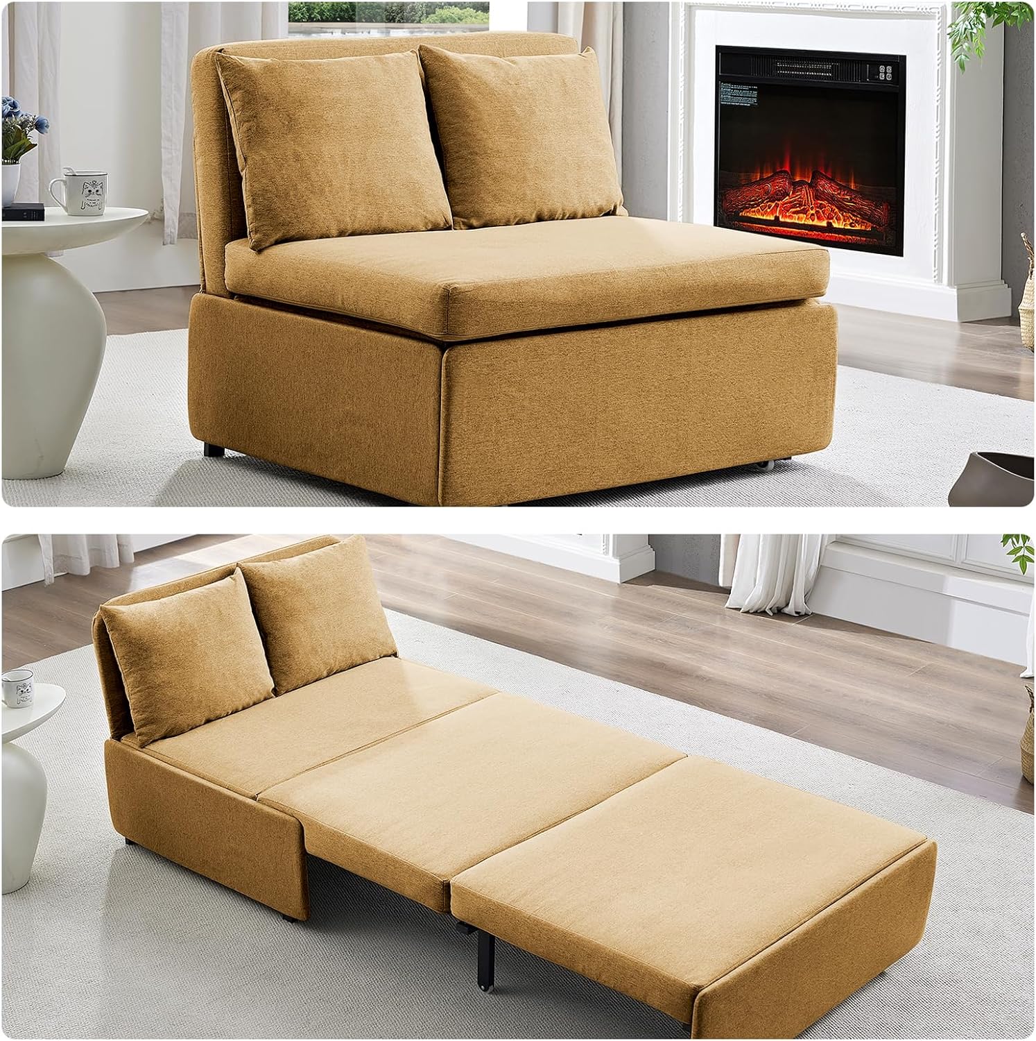PUREMIND 43" Twin Pull Out Sofa Bed, Linen Convertible Couch Bed with Tri-Fold Hidden Mattress, No-Tool Assembly, Space Saving Sleeper Sofa for Guest Room Apartment Small Space, Yellow