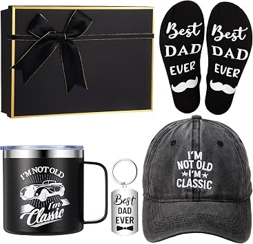 Maiteenly 5 Pcs Dad Gifts Set Fathers Day Gift Im Not Old Im Classic Hat Baseball Cap 14 oz Insulated Tumbler Mug Dad Keychain Novelty Non Slip Socks with Gift Box for Dad Birthday