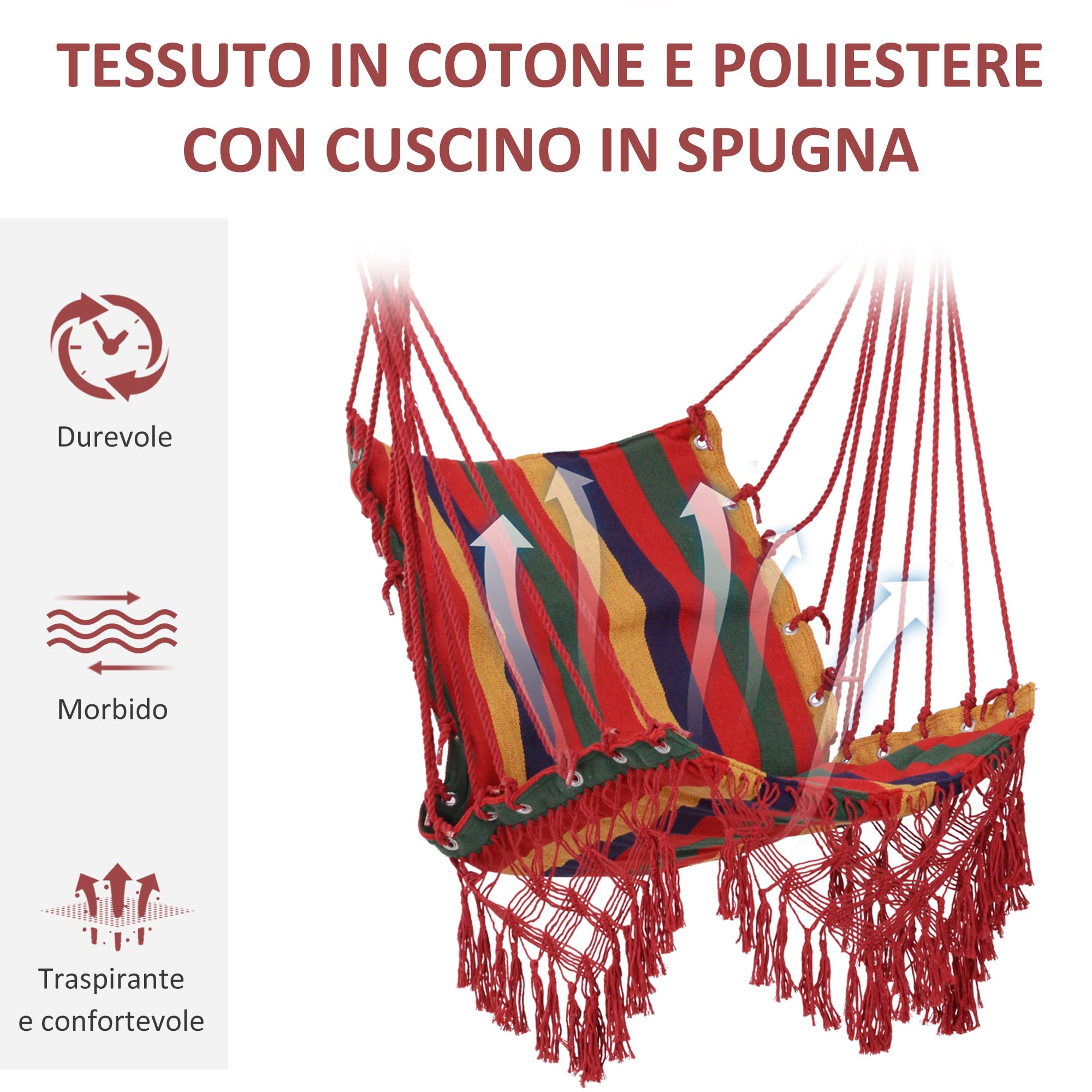 Outsunny Sedia a Dondolo Sospesa, Poltrona Sospesa da Giardino per Interni ed Esterni, in Poliestere, 100x60x100cm, Colorata
