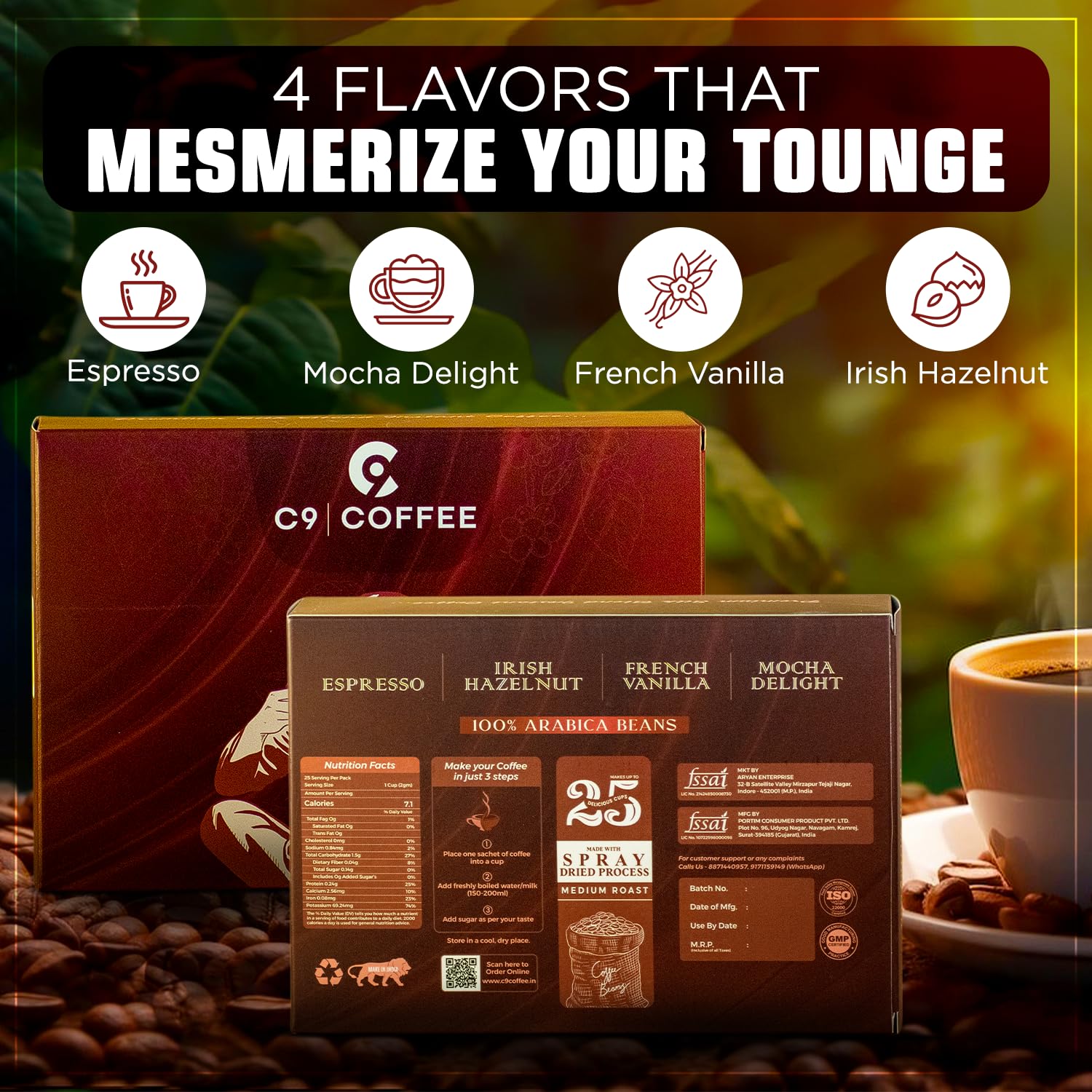 C9 Coffee Instant Coffee Variety Pack | 24 Sachets x 2g | 4