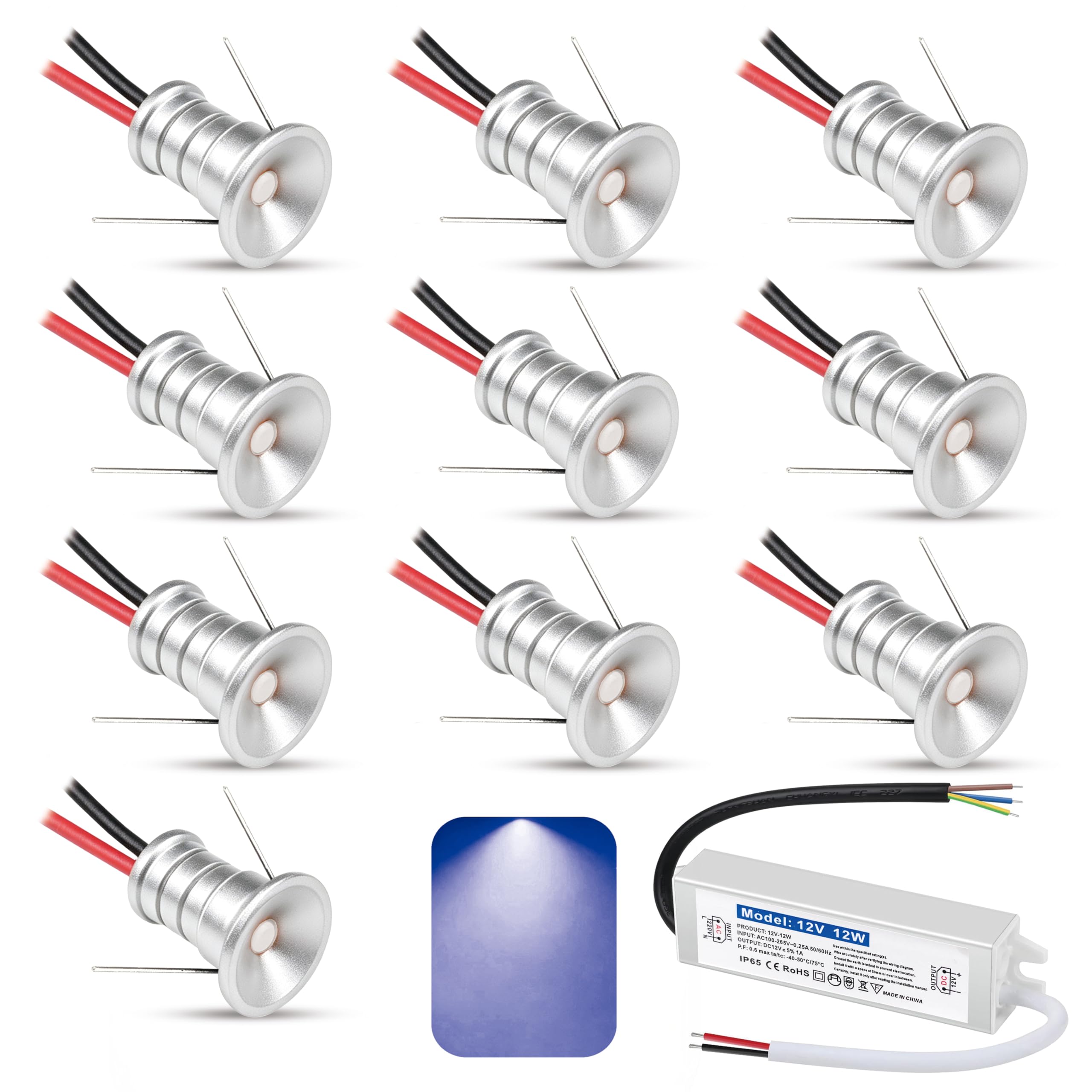 LEWUIYO 10 PCS Mini Spot Lights 0.5W 12V LED Ceiling Spotlights Ultra Small 10mm Cutout Recessed Spot Light IP65 Blue Light Led Downlight for Showcase,Kitchen,with Transformer (Silver, Blue)