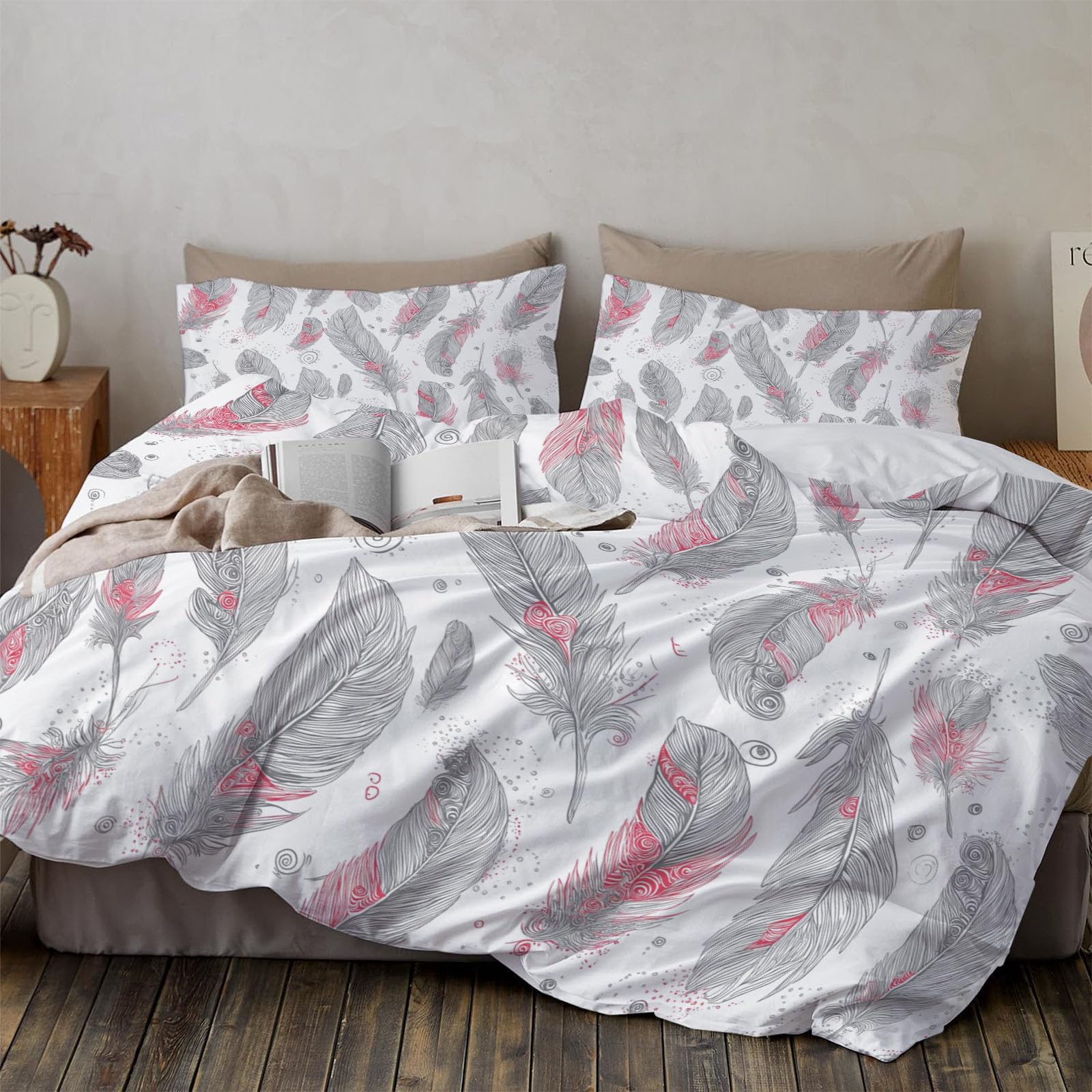 Funda Nordica Cama 105/135 Infantil Microfibra, 3 Piezas Juvenil Plumas Dibujadas A Mano Bohemio Juego de Funda Nordica200x200cm Suave Transpirable y 2 x Fundas de Almohada de 50x75 cm,Gris Rojo