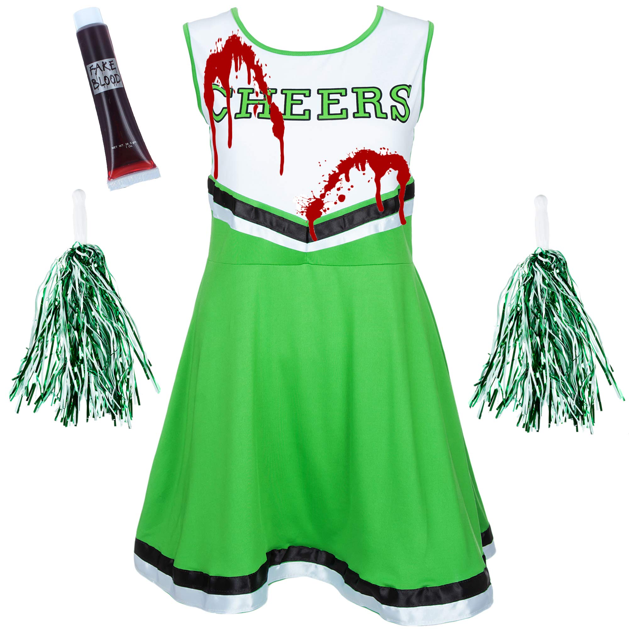 Zombie Cheerleader Halloween Costume - Adult Women's Fancy Dress with Pom Poms and Fake Blood