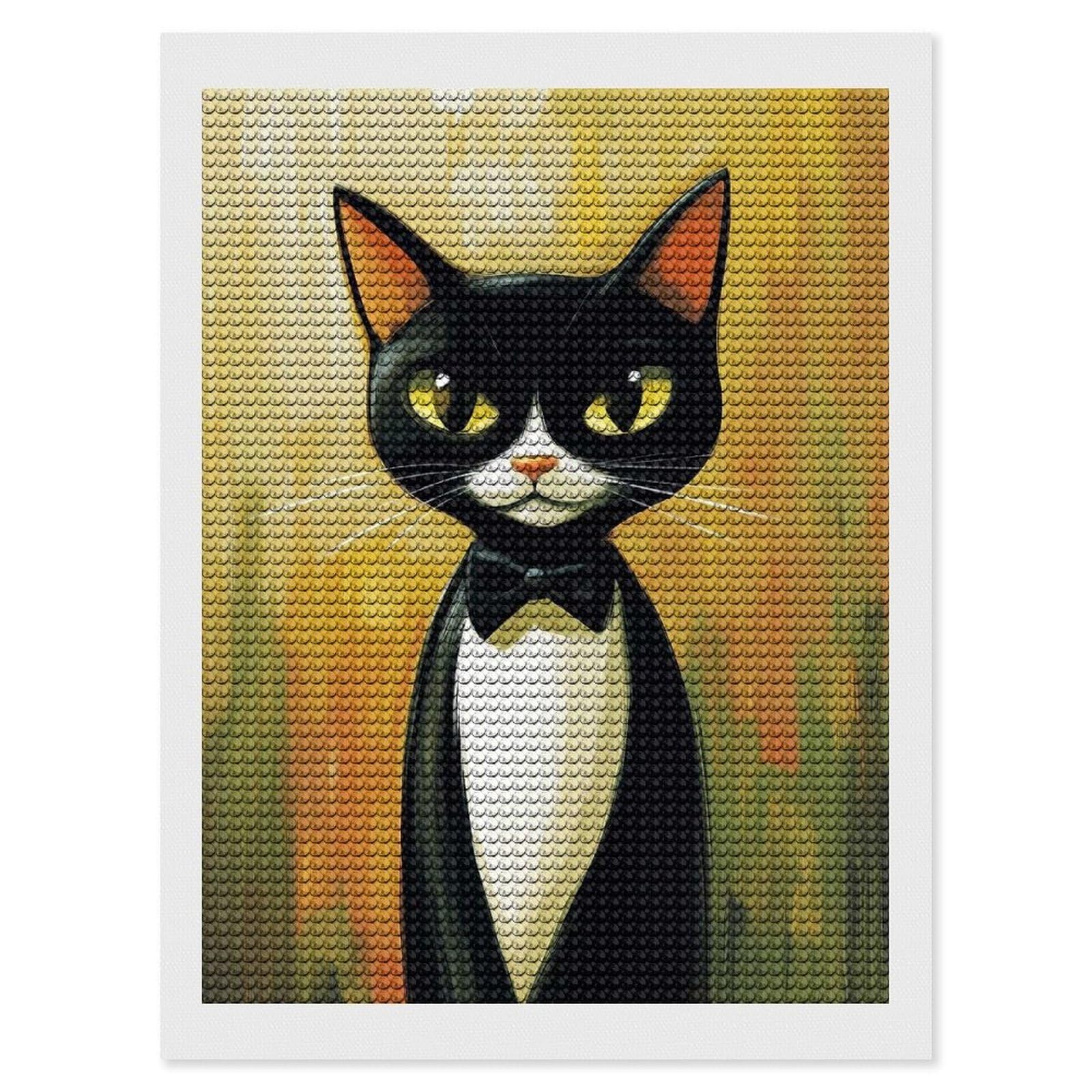 Junmoney Black Cat in Bowtie Diamond Painting Canvas Set 12"x16", Full Kit Included, Calming Craft to Unwind, Farmhouse Decor, Christmas Gift