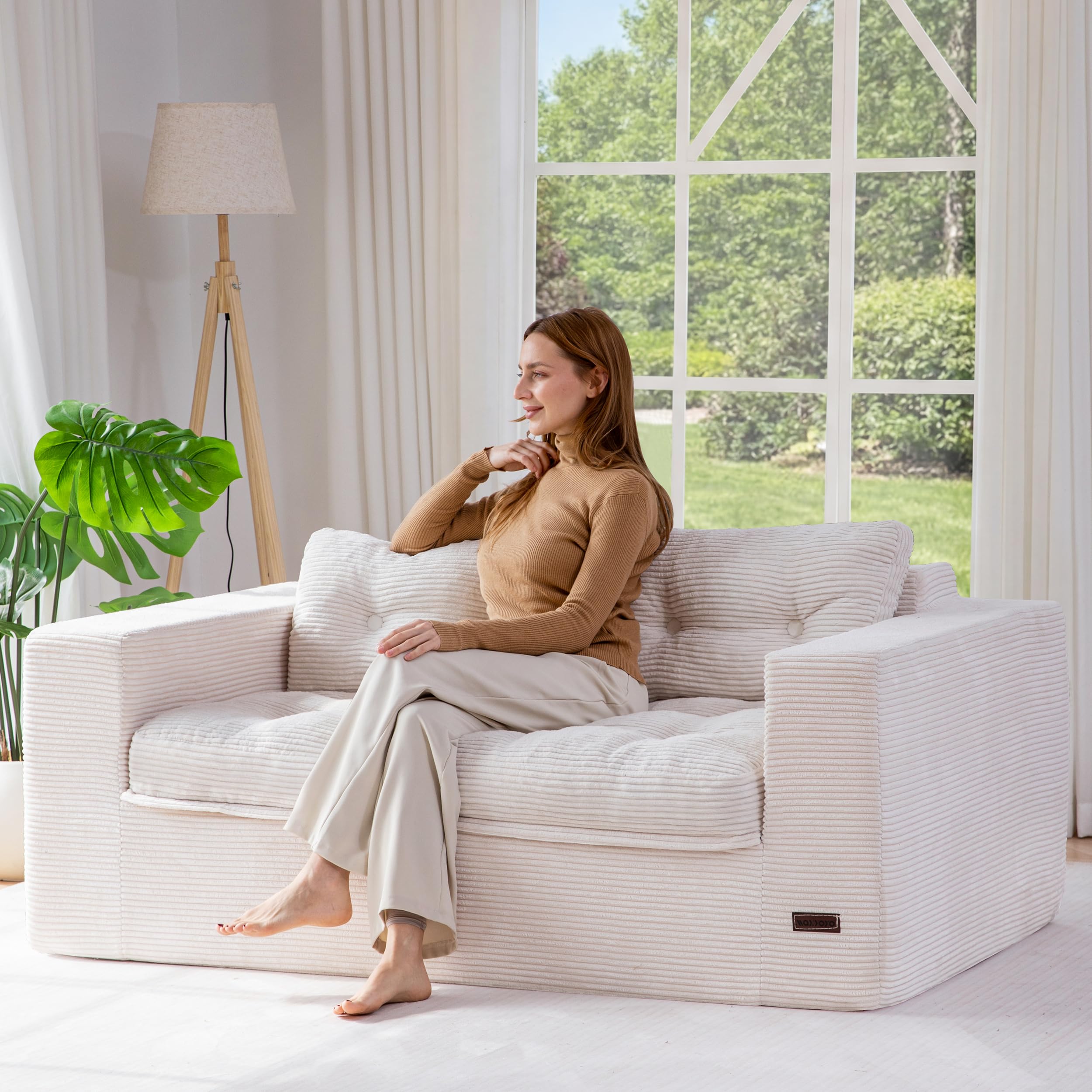 MAXYOYO 63" Loveseat Sofa Couch for Small Spaces, Upholstered Boneless Cloud Couch for Apartment Bedroom, 2-Seater Love Seat Floor Modern Sofa with Pillows, No Assembly Required, Beige