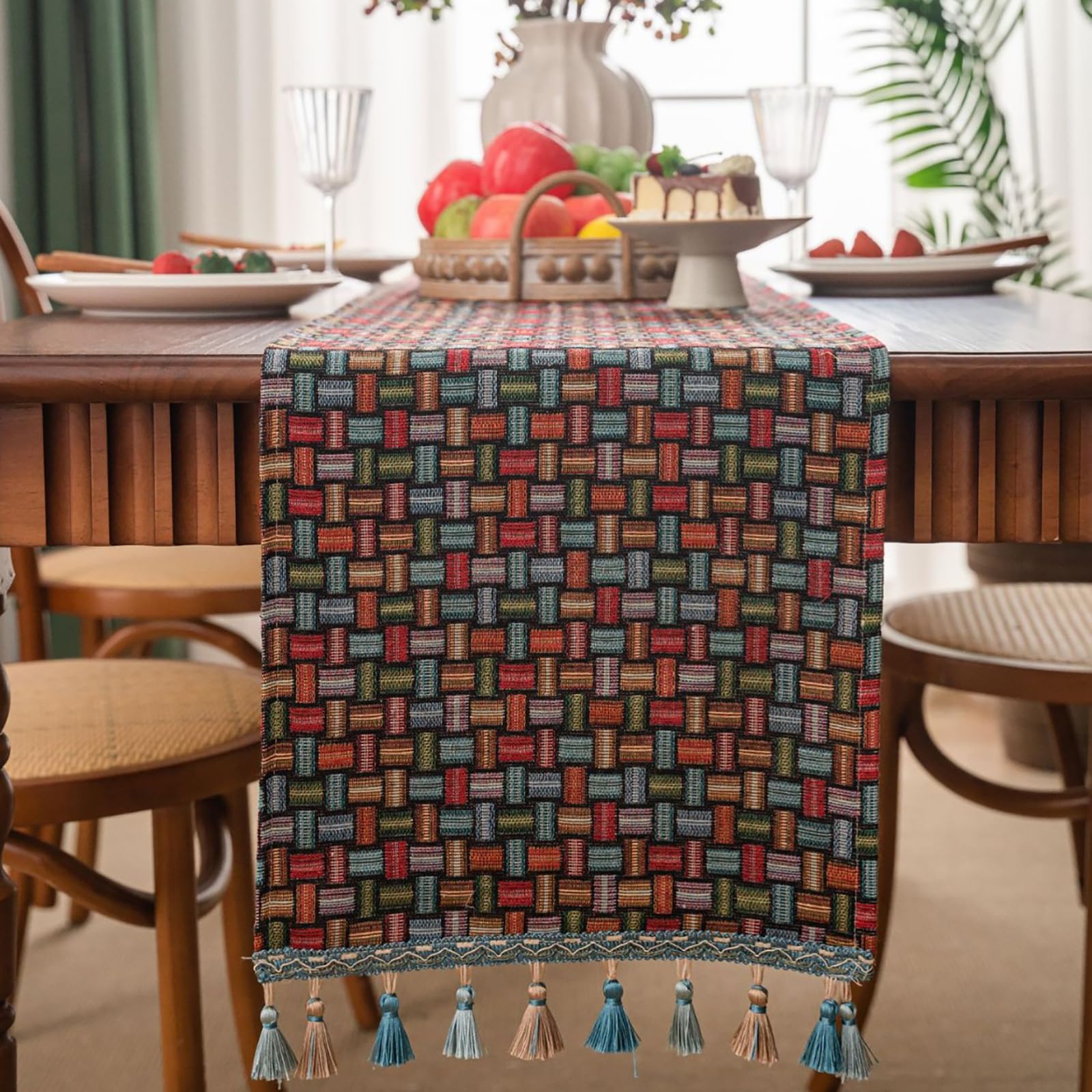 Eestfy Table Runner with Woven Jacquard Design – Soft Polyester Cotton Blend – Sturdy Fringed Edges – Vintage Style for Dining Tables and Tea Parties,Colorful Knot,30×350cm