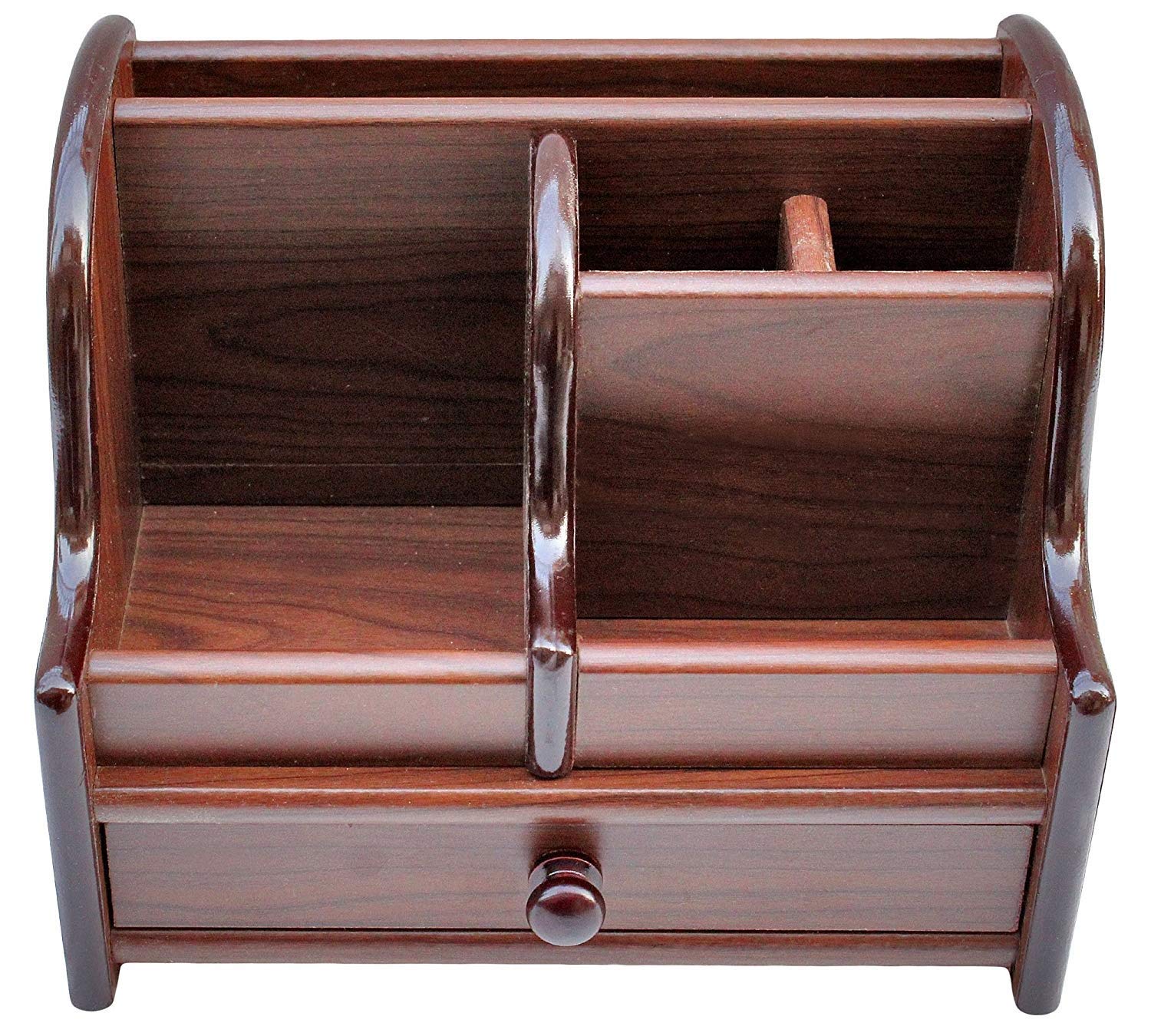 Samyuktha Organizador de mesa de escritorio de oficina de madera pulida, soporte para bolígrafos de gran tamaño con cajón, 6 compartimentos, soporte para bolígrafos/soporte para lápices, organizador