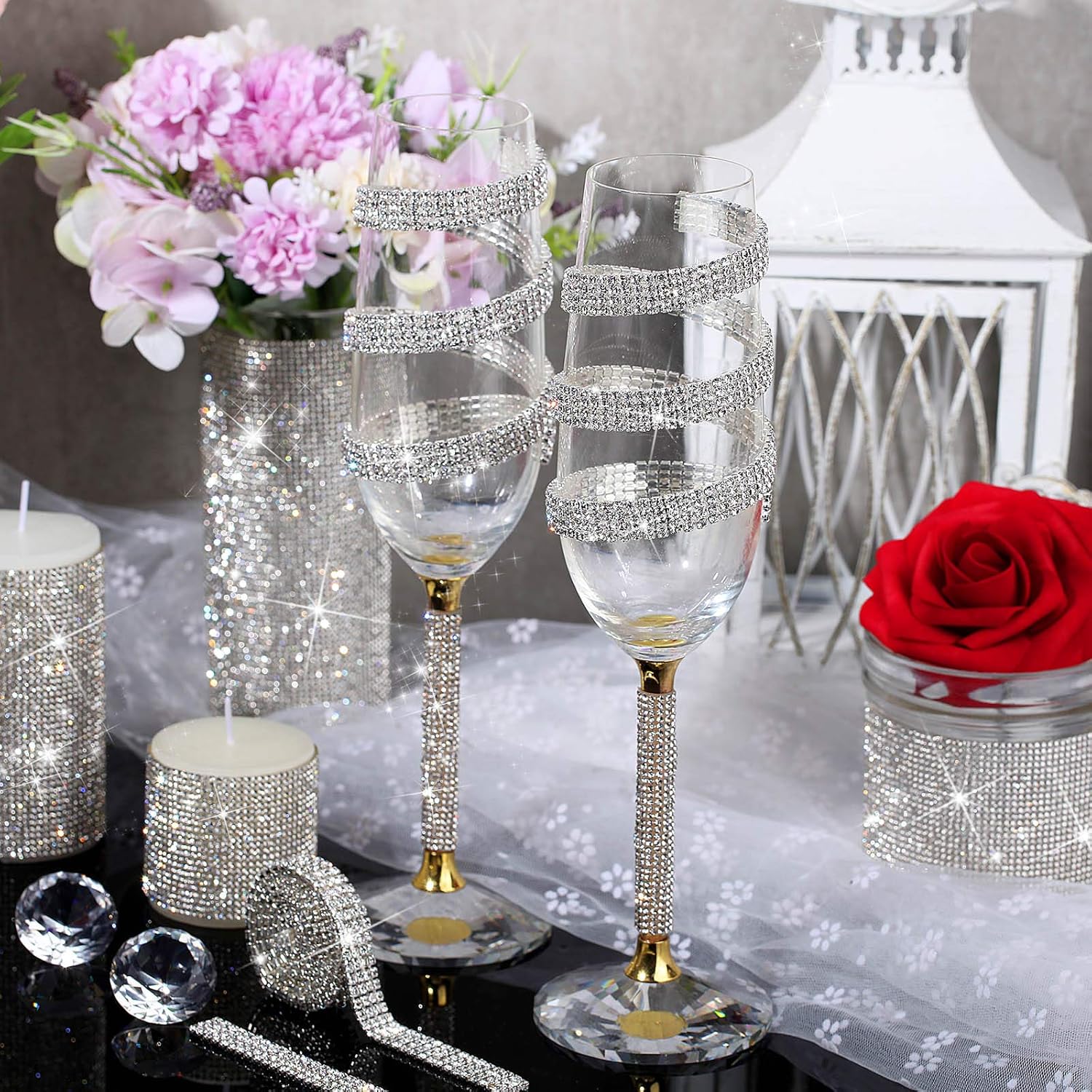 4 Rows Crystal Rhinestone Close Chain with 3 mm Rhinestones Trim Sewing Crafts DIY Jewelry Crystal Chain for Wedding Home Party Crafts Making Decorations (White,6 Yards)