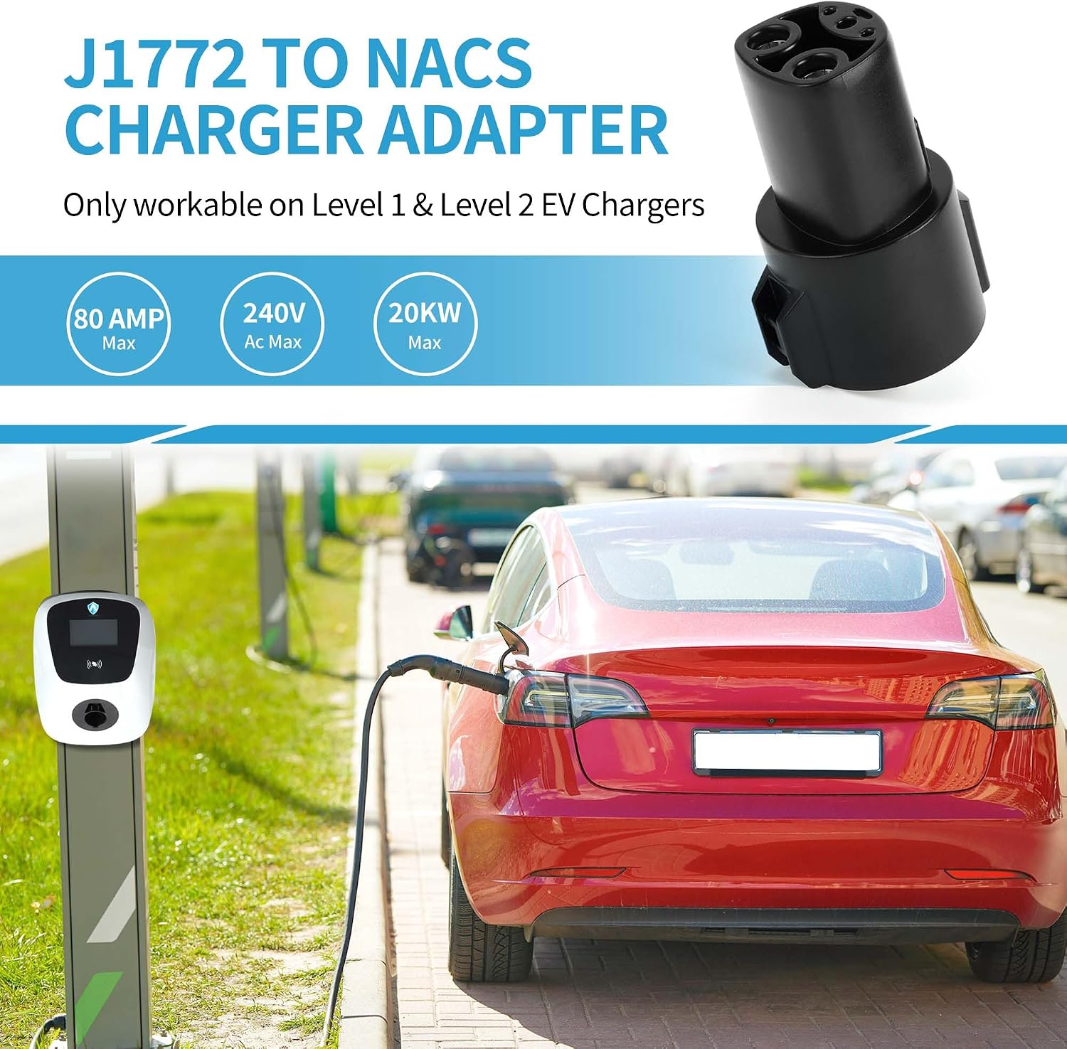 J1772 for Tesla Adapter 80A/240V AC for Tesla Model 3 Y X S, Portable SAE J1772 Charger Converter for Tesla Charging Mobile EV Adapter Fast Charging for Tesla Owners Only Level 1&2
