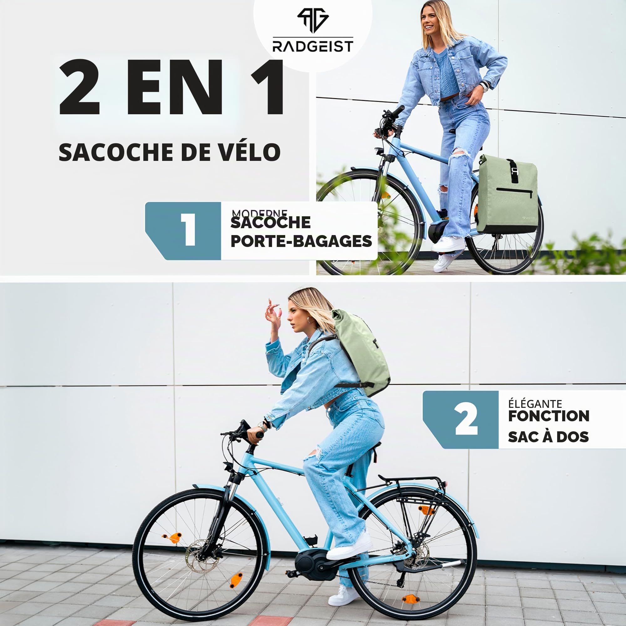 RADGEIST Sacoche de vélo pour porte-bagages I Sacoche pour porte-bagages & Sac à dos - Sac à dos pour vélo - Sac latéral pour vélo 100% étanche I Sacoche de vélo pour femmes & hommes 20L, menthe, 20 l