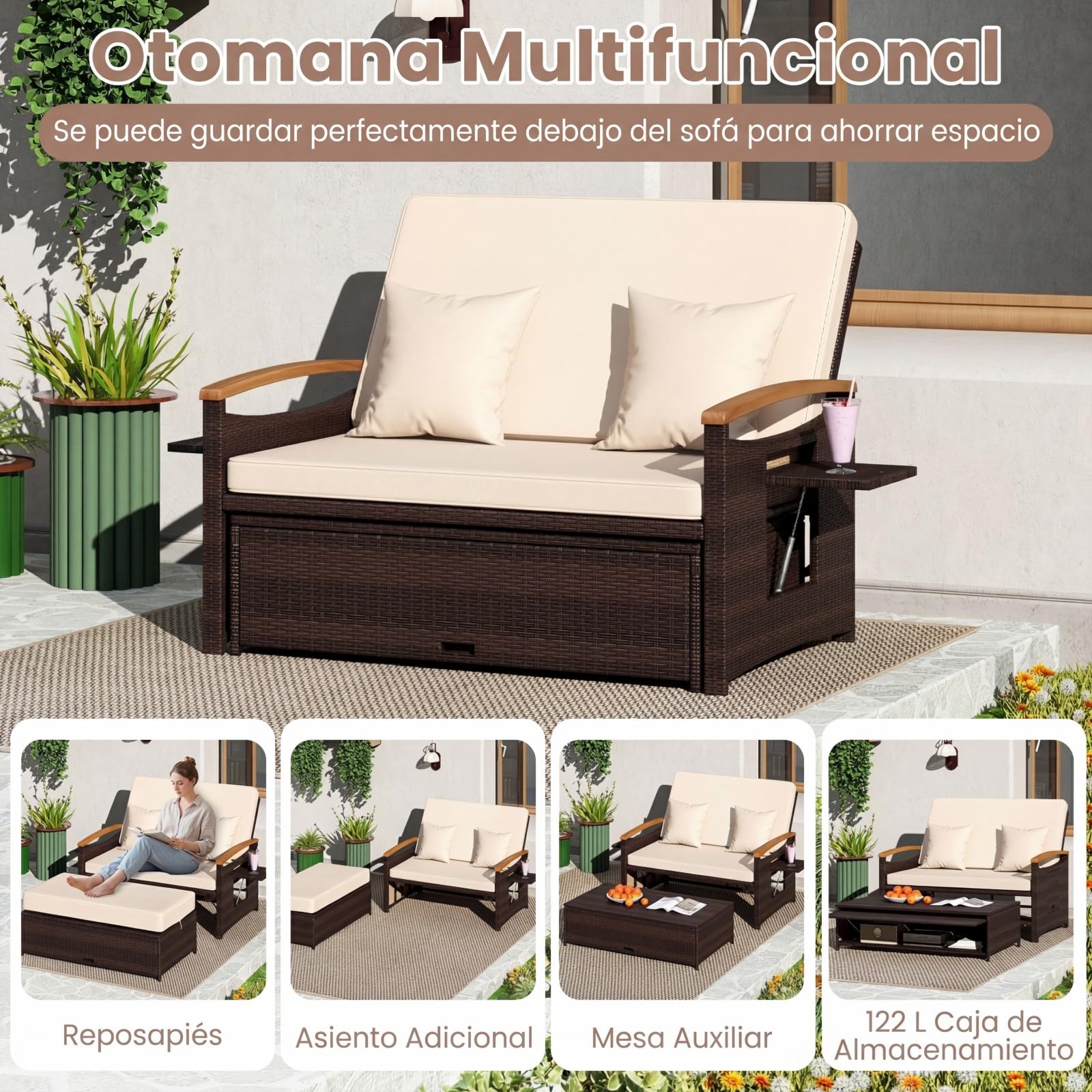 COSTWAY Sofa Exterior de Ratán con Reposapiés de Almacenamiento, 2 Plazas Tumbona Acolchado, Cama Respaldo Ajustable de 4 Niveles, Bandejas Laterales Retráctiles