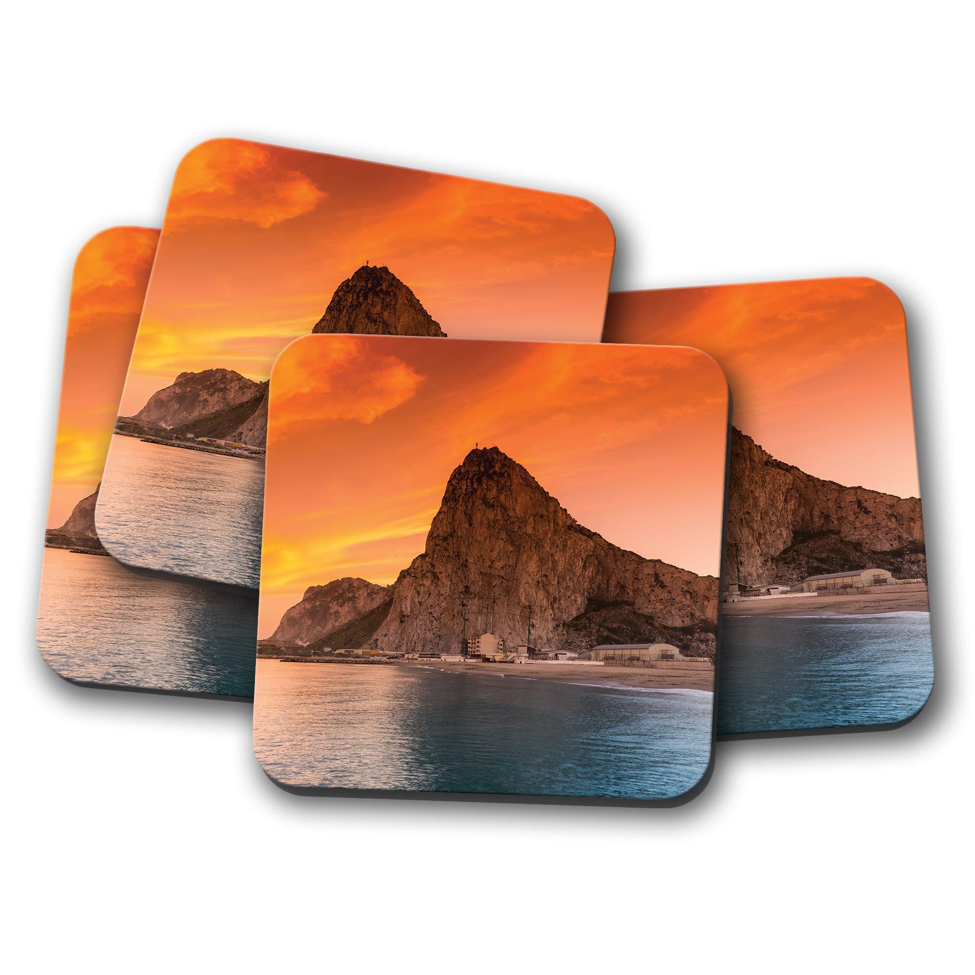 Destination Vinyl Ltd Multicolor 4 Set - Beautiful Rock Of Gibraltar Coaster - Ocean Landscape Sunset #12748